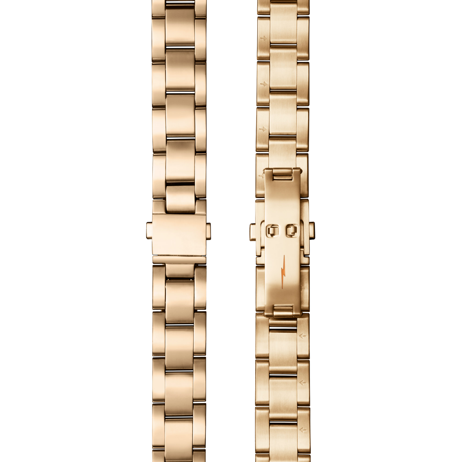 Two views of the Shinola Bracelet: 18/13, Universal 3Link, Fold Over, PoPG in Brushed/Polished PVD Gold; left shows the outer side, right shows the inner side with clasp closed—both on a white background.