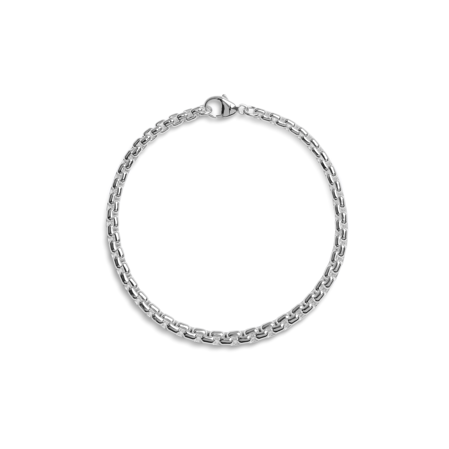 The Shinola 4mm Box Chain Bracelet, shown in a circular arrangement on a white background, features interlocking box links and is secured with a lobster clasp at the top.