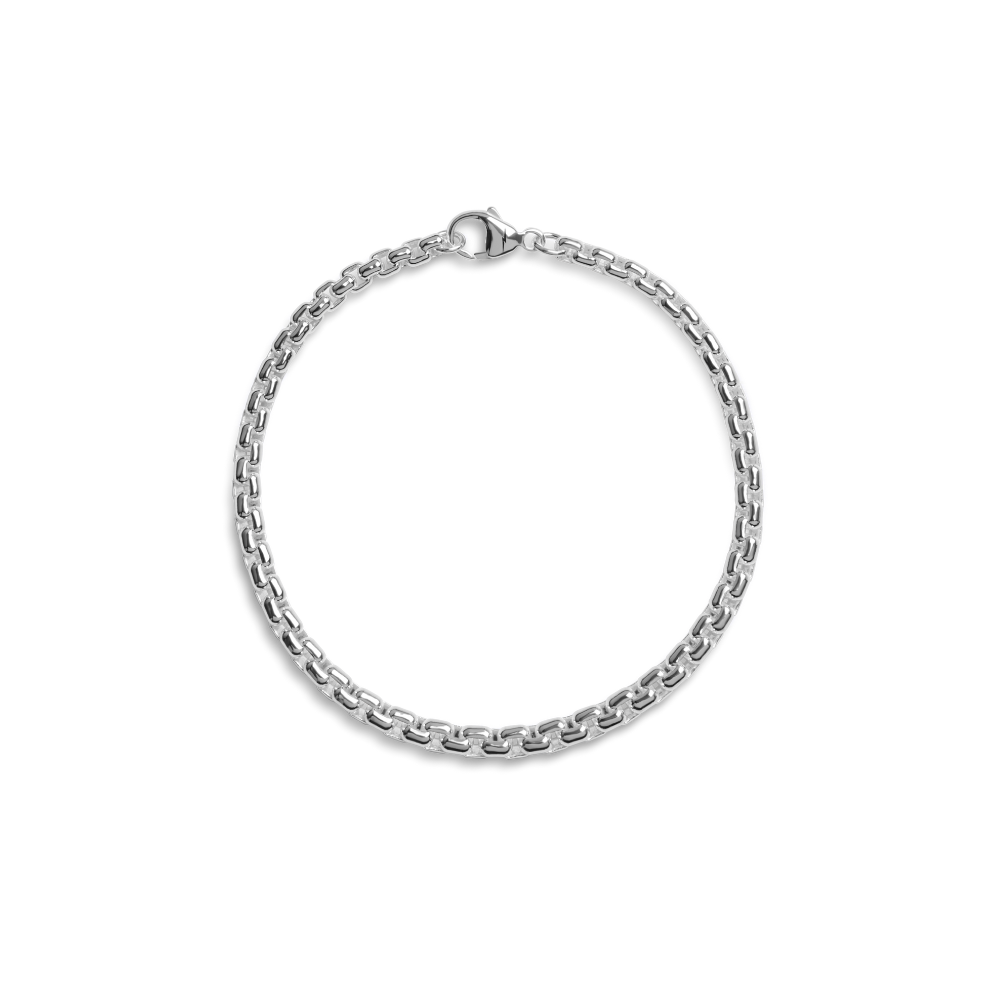 The Shinola 4mm Box Chain Bracelet, shown in a circular arrangement on a white background, features interlocking box links and is secured with a lobster clasp at the top.