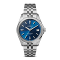 The Shinola Circadian Monster Automatic Watch - Daylight Blue features a stainless steel case, blue sunray dial, silver markers and hands, Swiss movement, date at 3 o'clock, and a metal link bracelet.