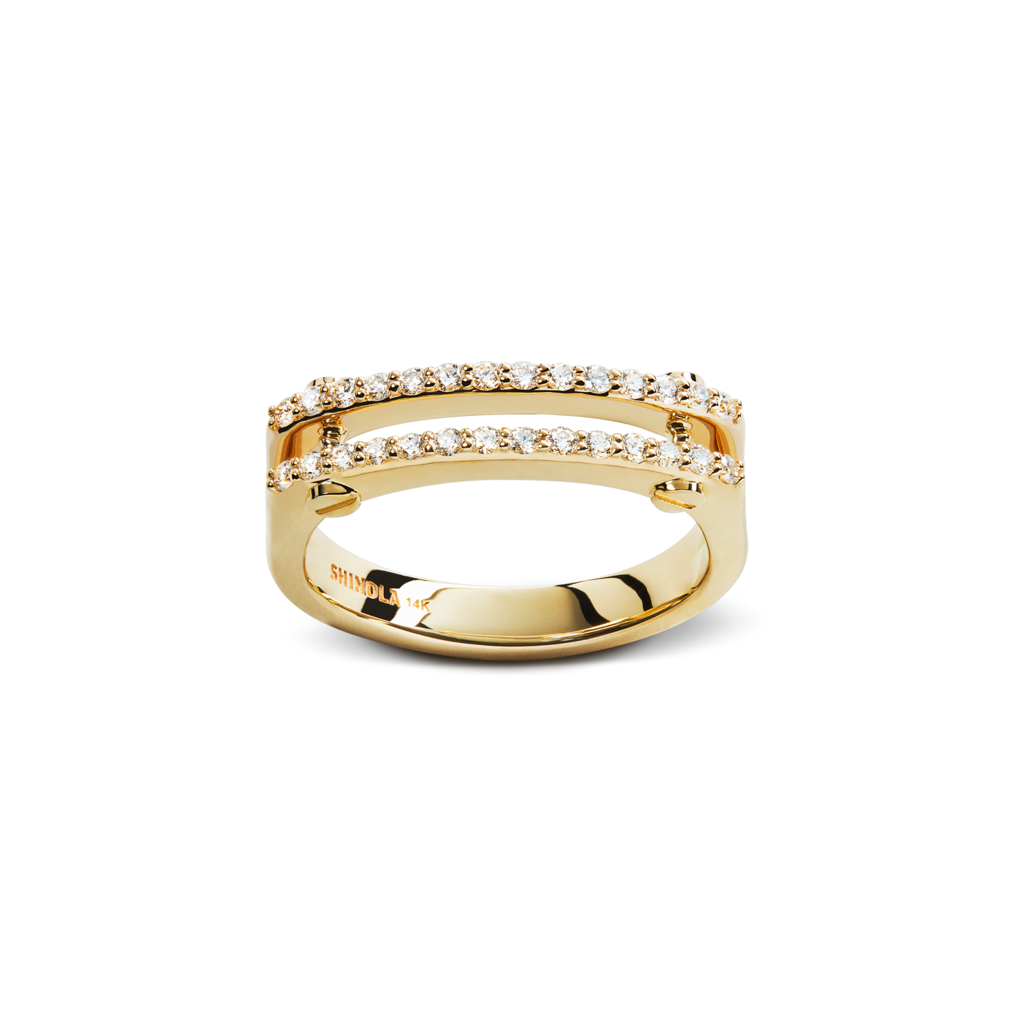 The Shinola Diamond Pave Rivet Double Row Ring in 14k yellow gold features two rows of sparkling diamonds joined by gold bars, with SHYDU 14K engraved inside the band.