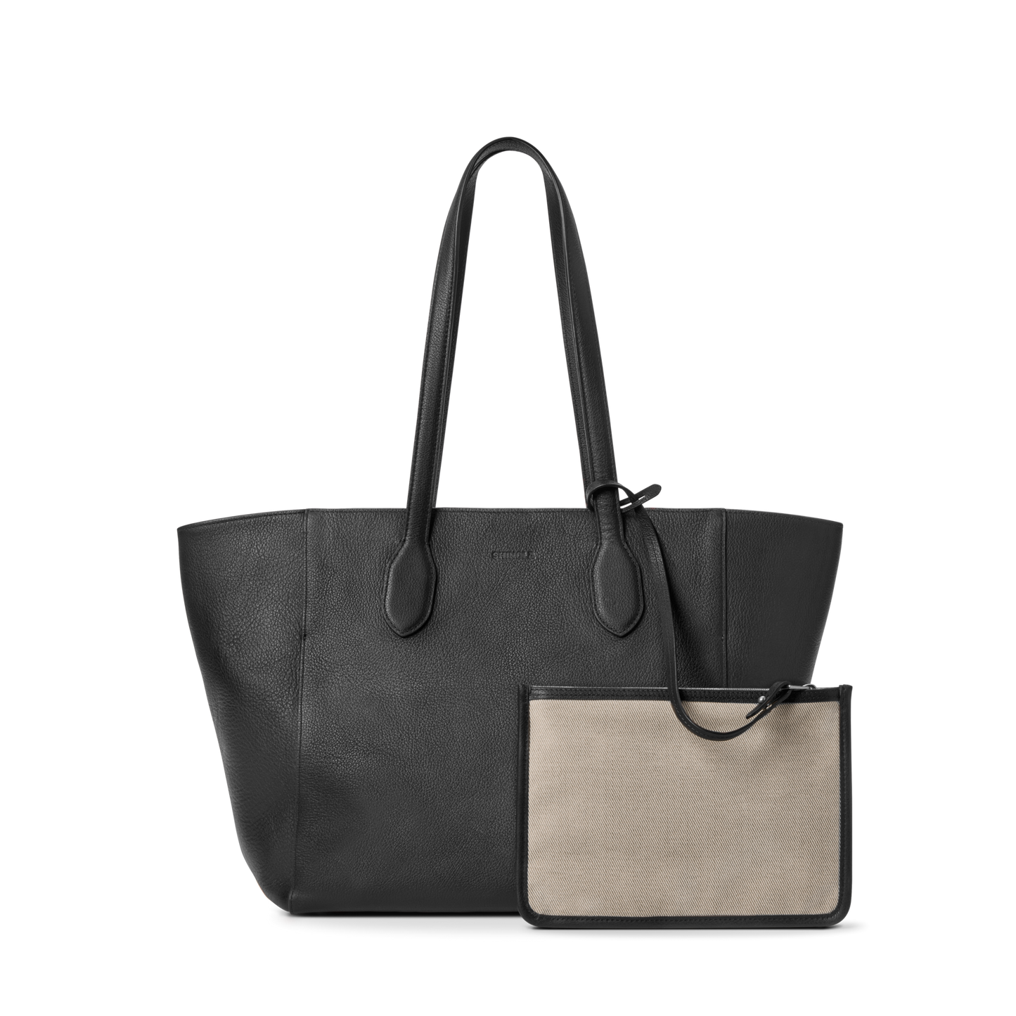 The Shinola Runabout Tote Bag - Black is a lightweight pebbled leather tote with two shoulder straps, shown on a white background with its detachable beige and black zipper pouch in front.