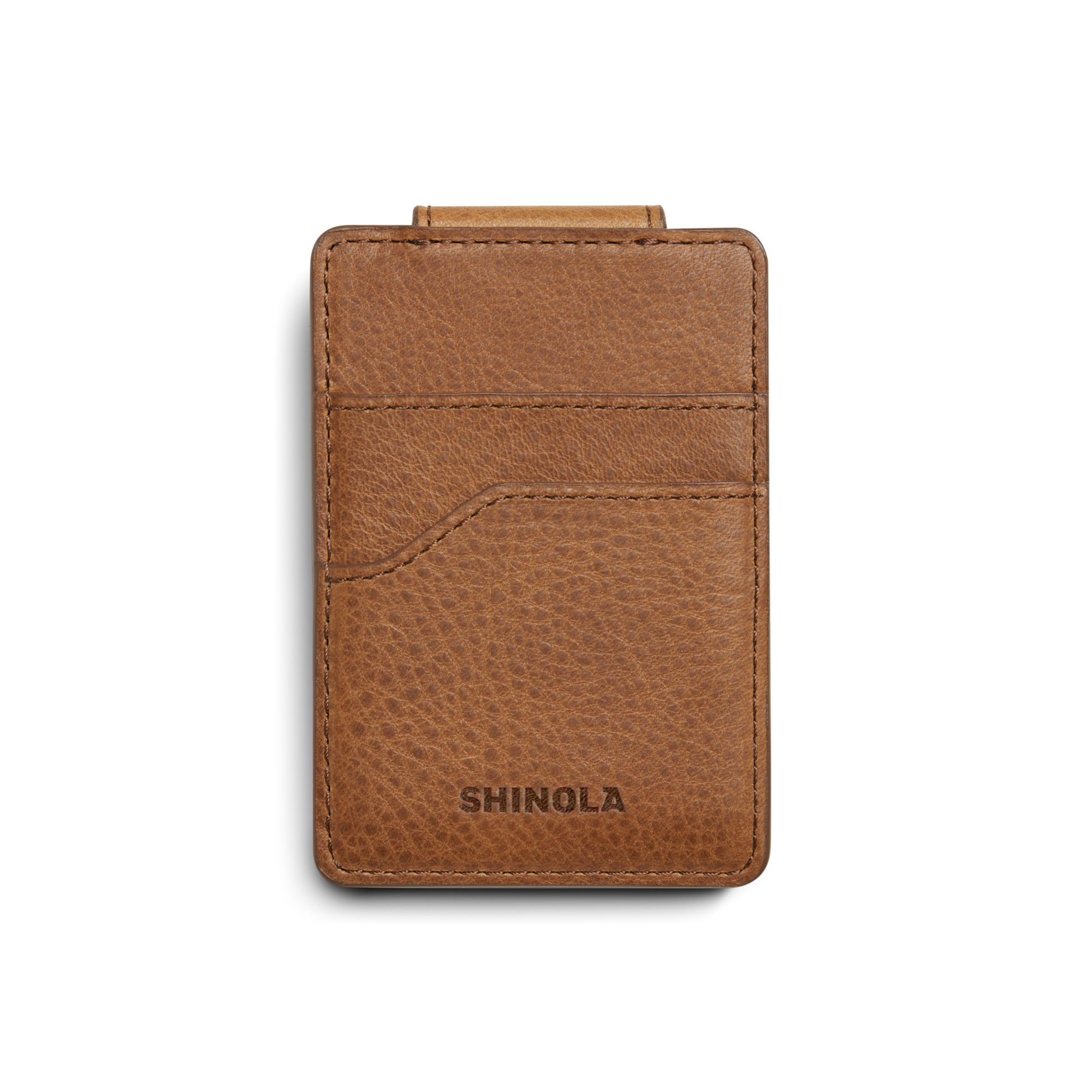The Magnetic Money Clip Card Holder - Tan by Shinola features two credit card slots, a textured leather finish, and an embossed brand name. Shown on white background; monogramming available for personalization.