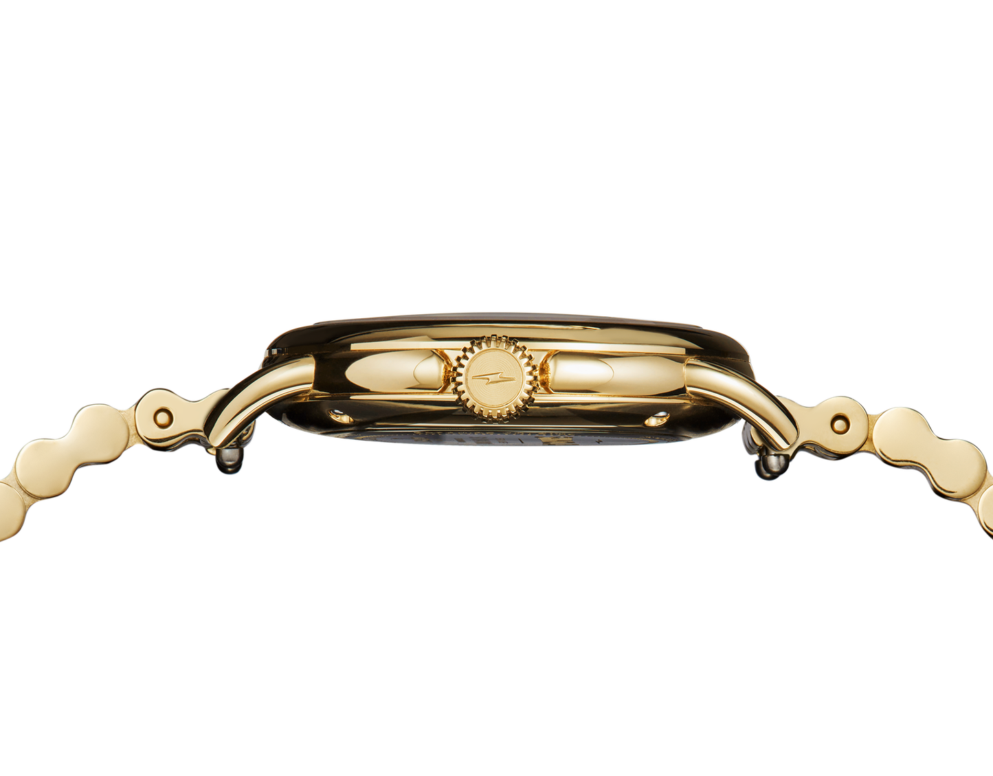 Side view of the Shinola Runabout Watch - Petoskey, Detroit-made with a gold case and dark Petoskey stone dial. Features include a round logo-embossed crown and a metal bracelet with scalloped links set against a plain white background.