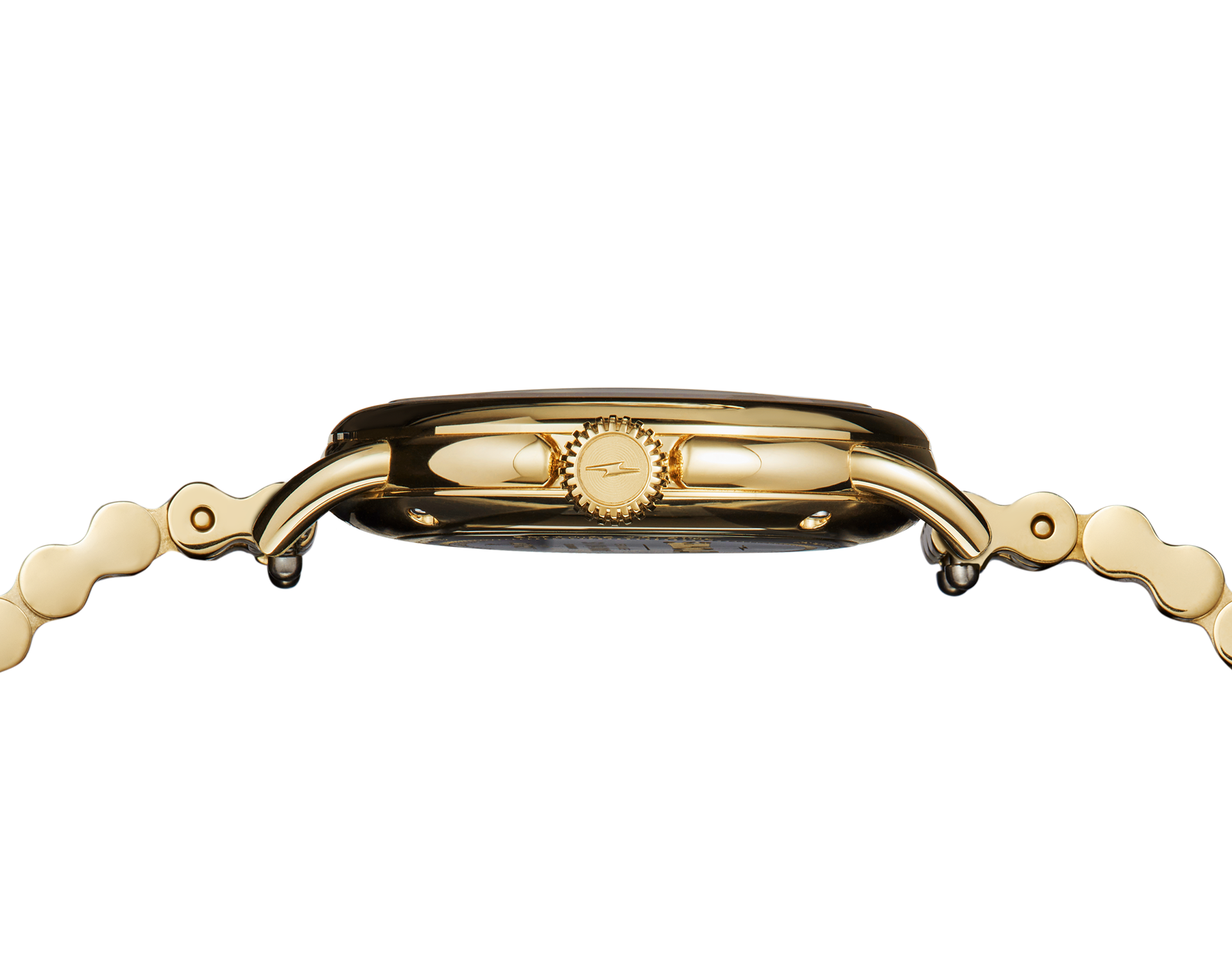 Side view of the Shinola Runabout Watch - Petoskey, Detroit-made with a gold case and dark Petoskey stone dial. Features include a round logo-embossed crown and a metal bracelet with scalloped links set against a plain white background.