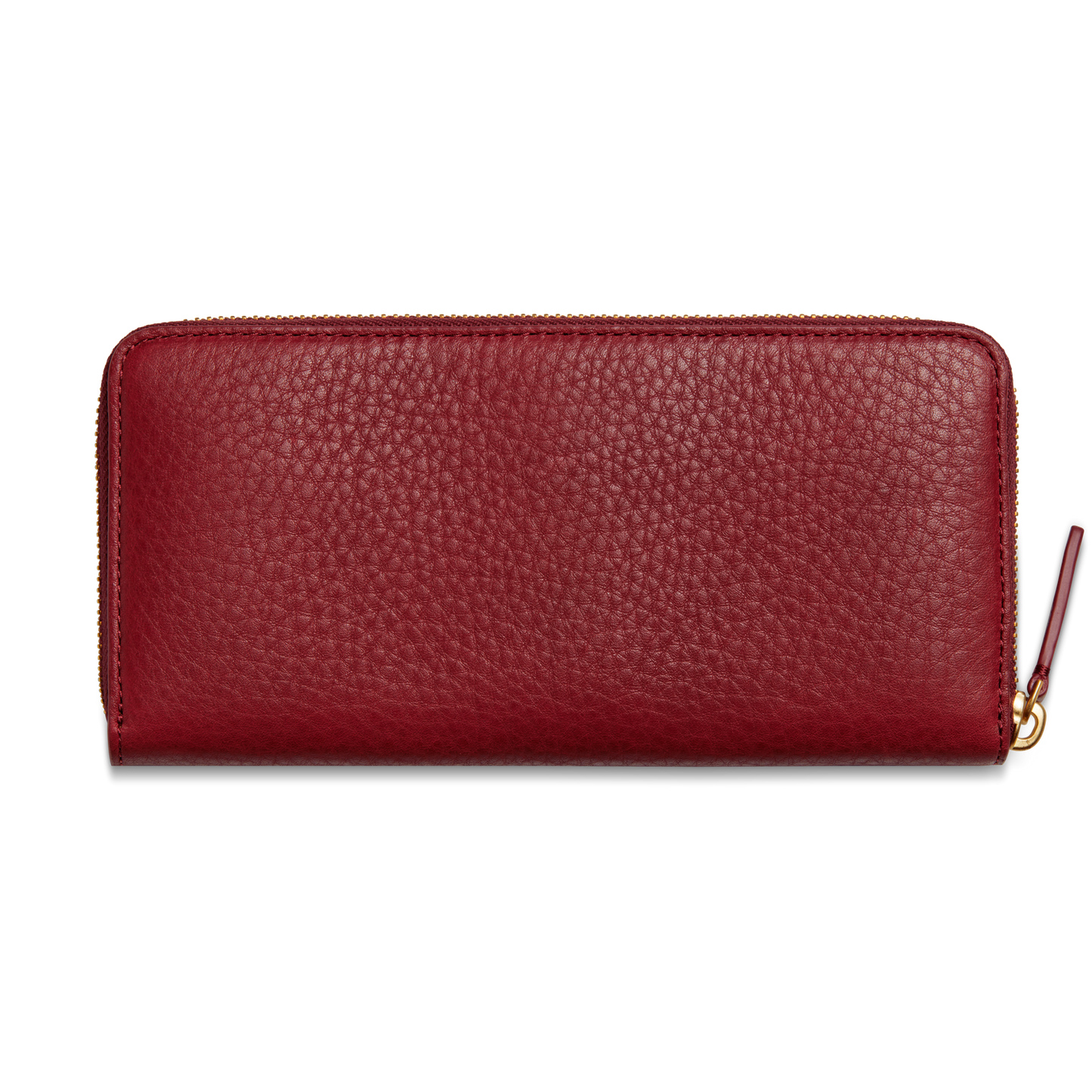 The Shinola Continental Zip Wallet - Ruby is made from textured red natural grain leather with card pockets, a gold zipper, and a matching red leather pull, shown against a plain white background.
