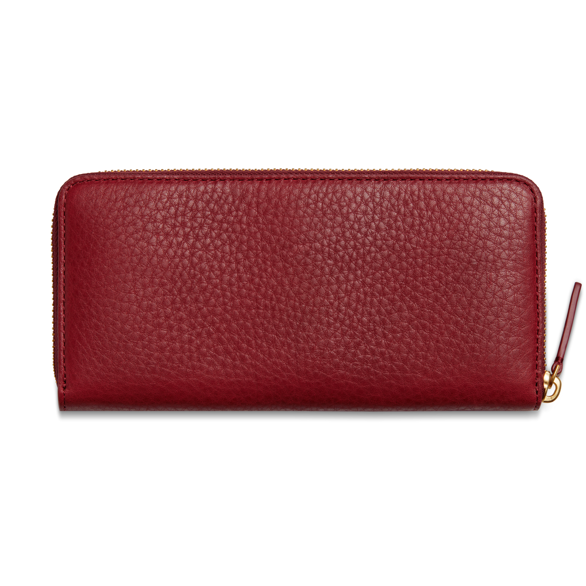 The Shinola Continental Zip Wallet - Ruby is made from textured red natural grain leather with card pockets, a gold zipper, and a matching red leather pull, shown against a plain white background.