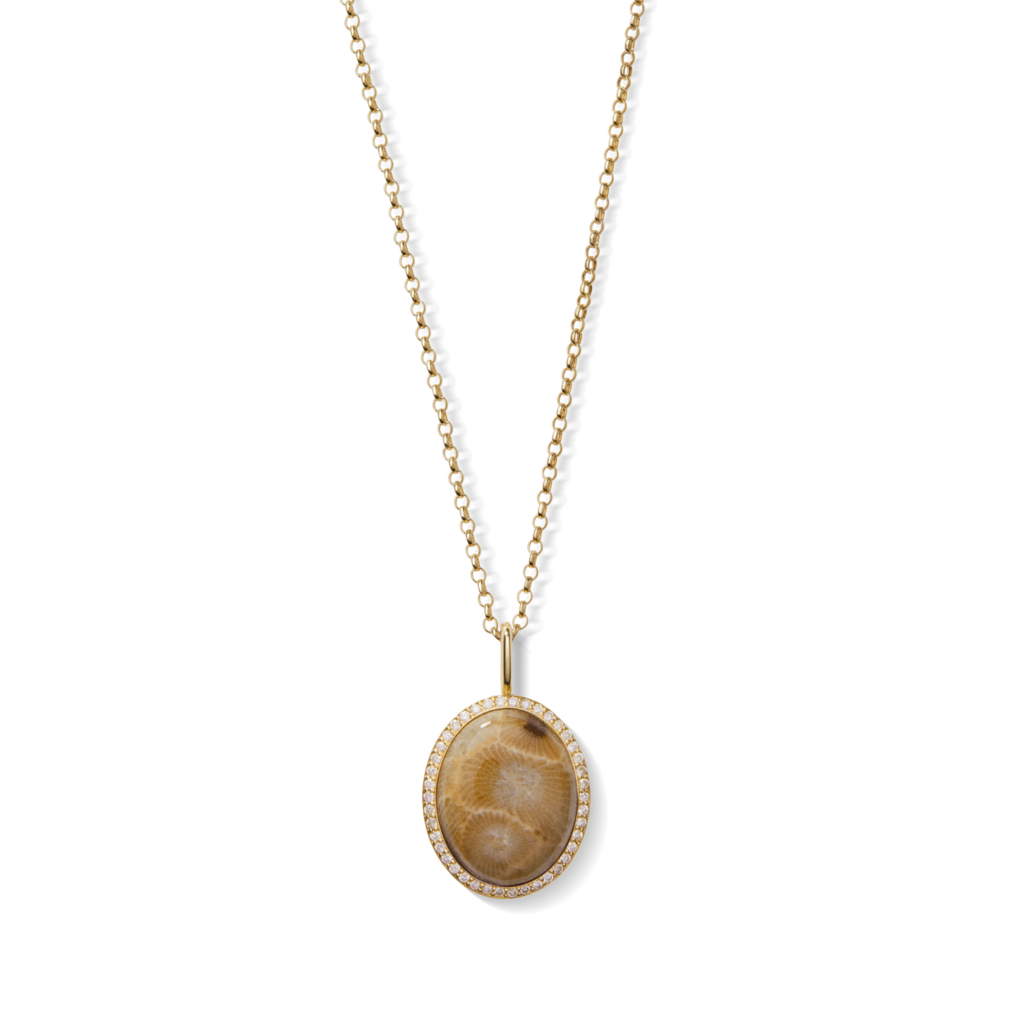 The Shinola Diamond Pave Petoskey Necklace - Yellow Gold features an oval Petoskey stone encircled by a diamond pave bezel, all set in 14k gold and shown against a white background.