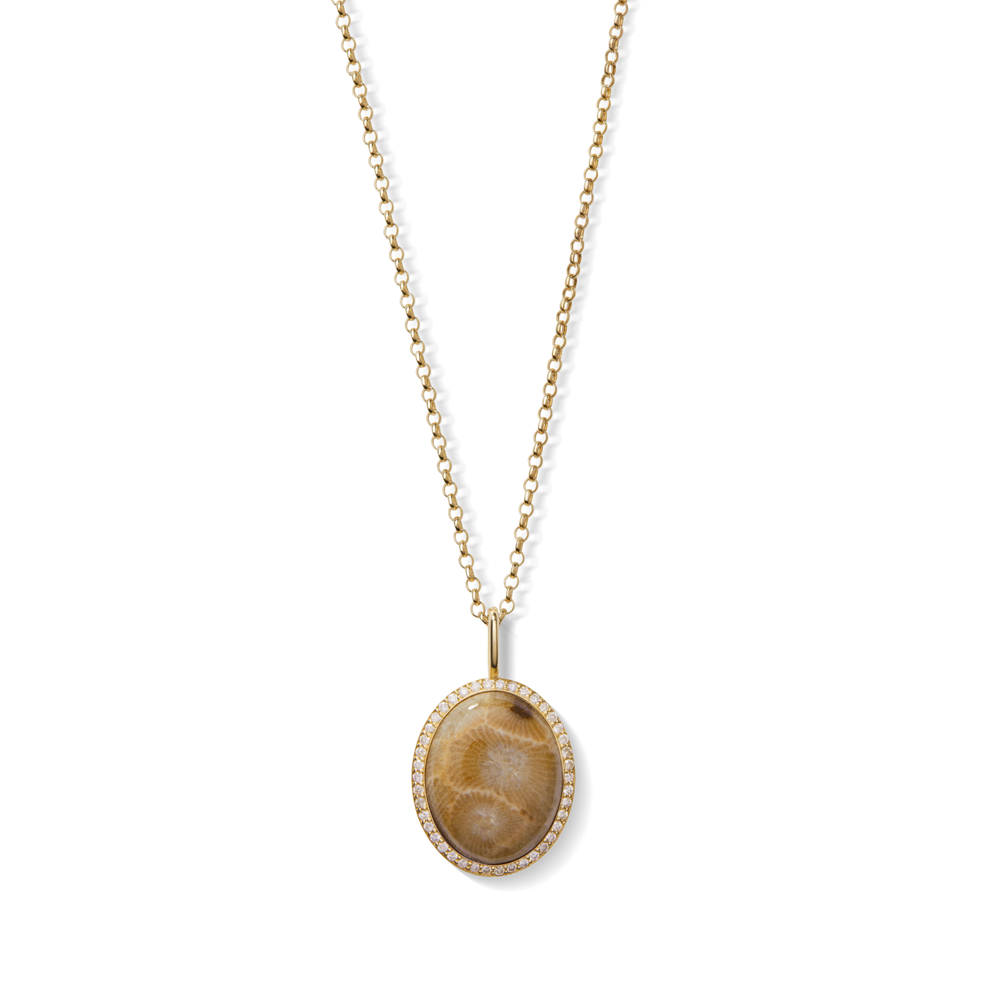 The Shinola Diamond Pave Petoskey Necklace - Yellow Gold features an oval Petoskey stone encircled by a diamond pave bezel, all set in 14k gold and shown against a white background.