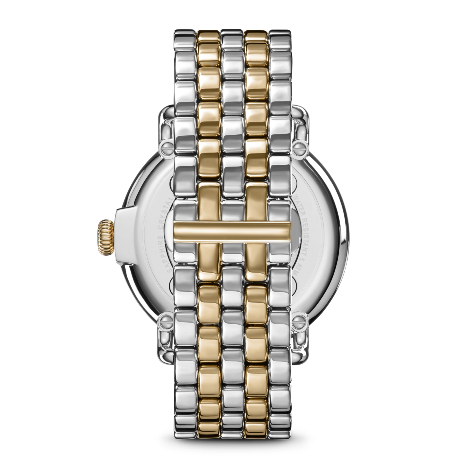A close-up of the Shinola Runwell Watch - Mother Of Pearl shows its two-tone stainless steel bracelet, gold crown, clasp, and part of the luxury watch case.