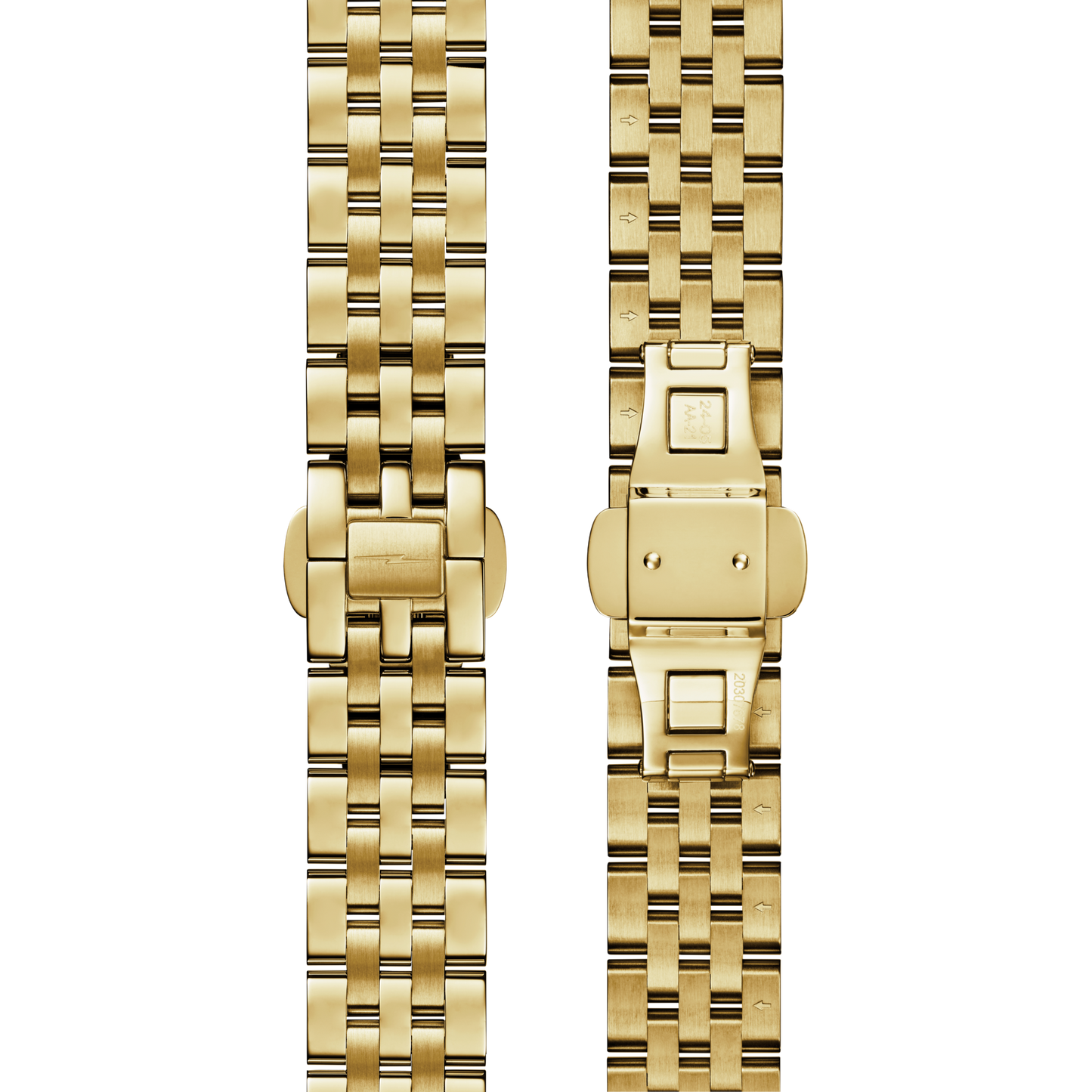 Two gold metal bands for the Shinola Circadian Monster Automatic Watch - Mother of Pearl Diamond are shown: one closed with a sleek clasp, and one open to reveal the detailed clasp mechanism and link design.