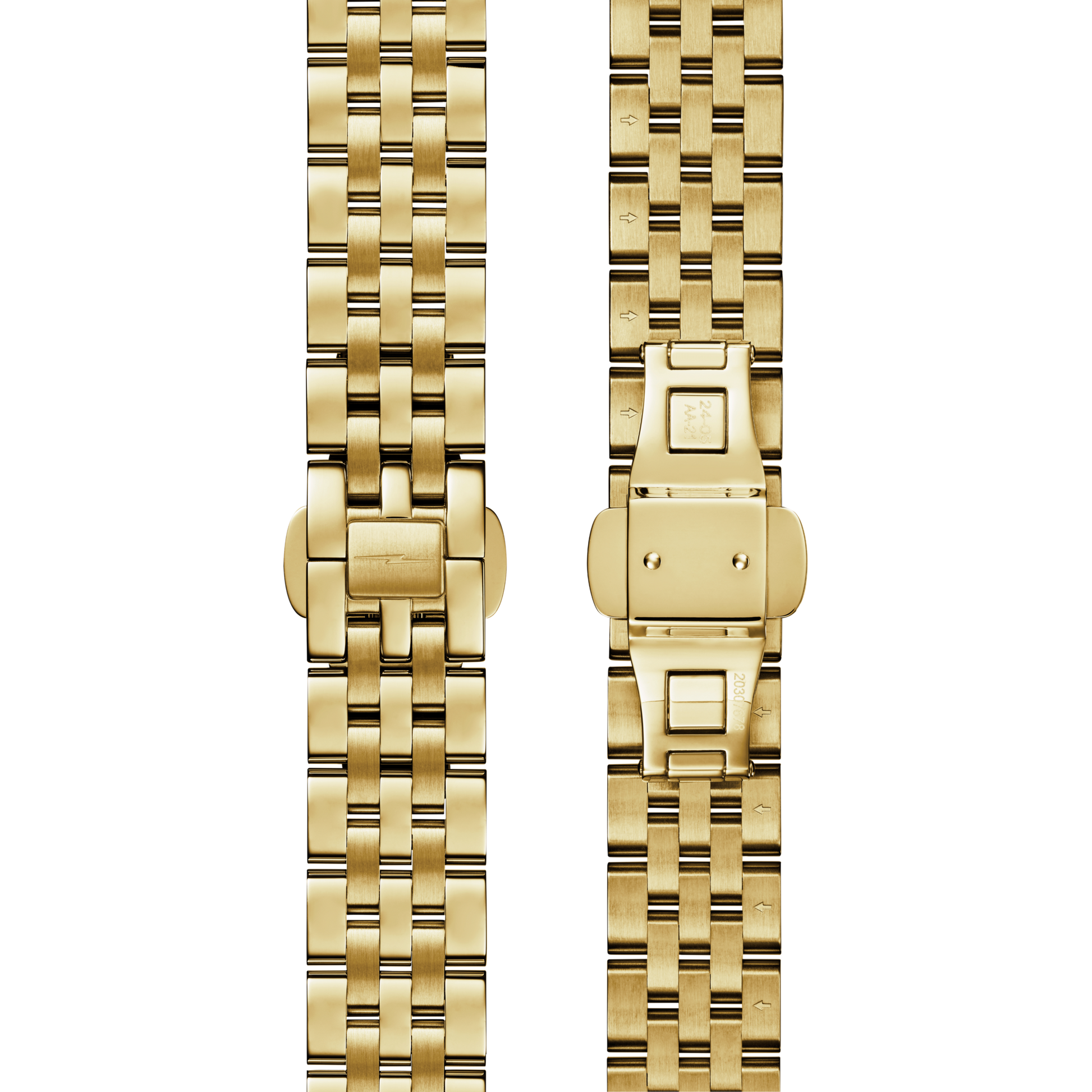 Two gold metal bands for the Shinola Circadian Monster Automatic Watch - Mother of Pearl Diamond are shown: one closed with a sleek clasp, and one open to reveal the detailed clasp mechanism and link design.