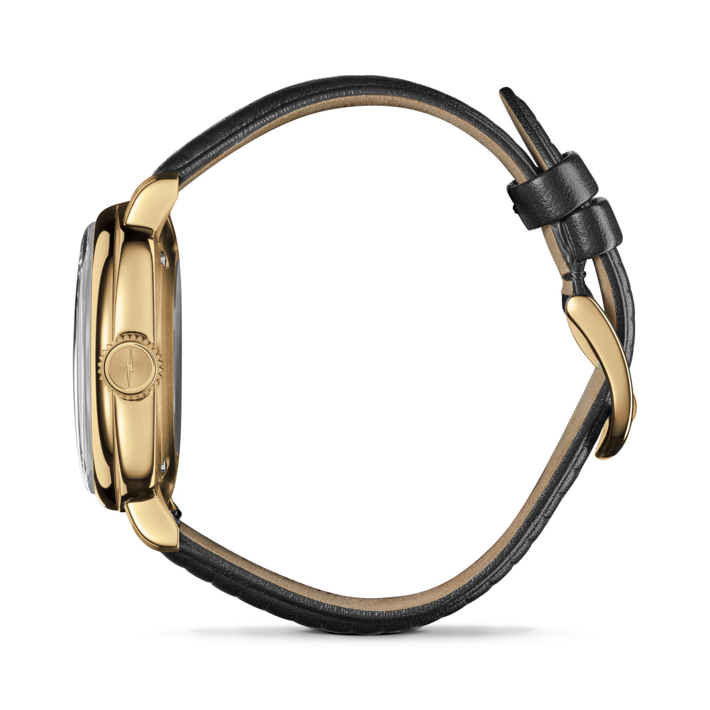 Side view of the Shinola Mechanic Watch - Black/Gold featuring a gold case, black leather strap, and round crown, set against a white background.