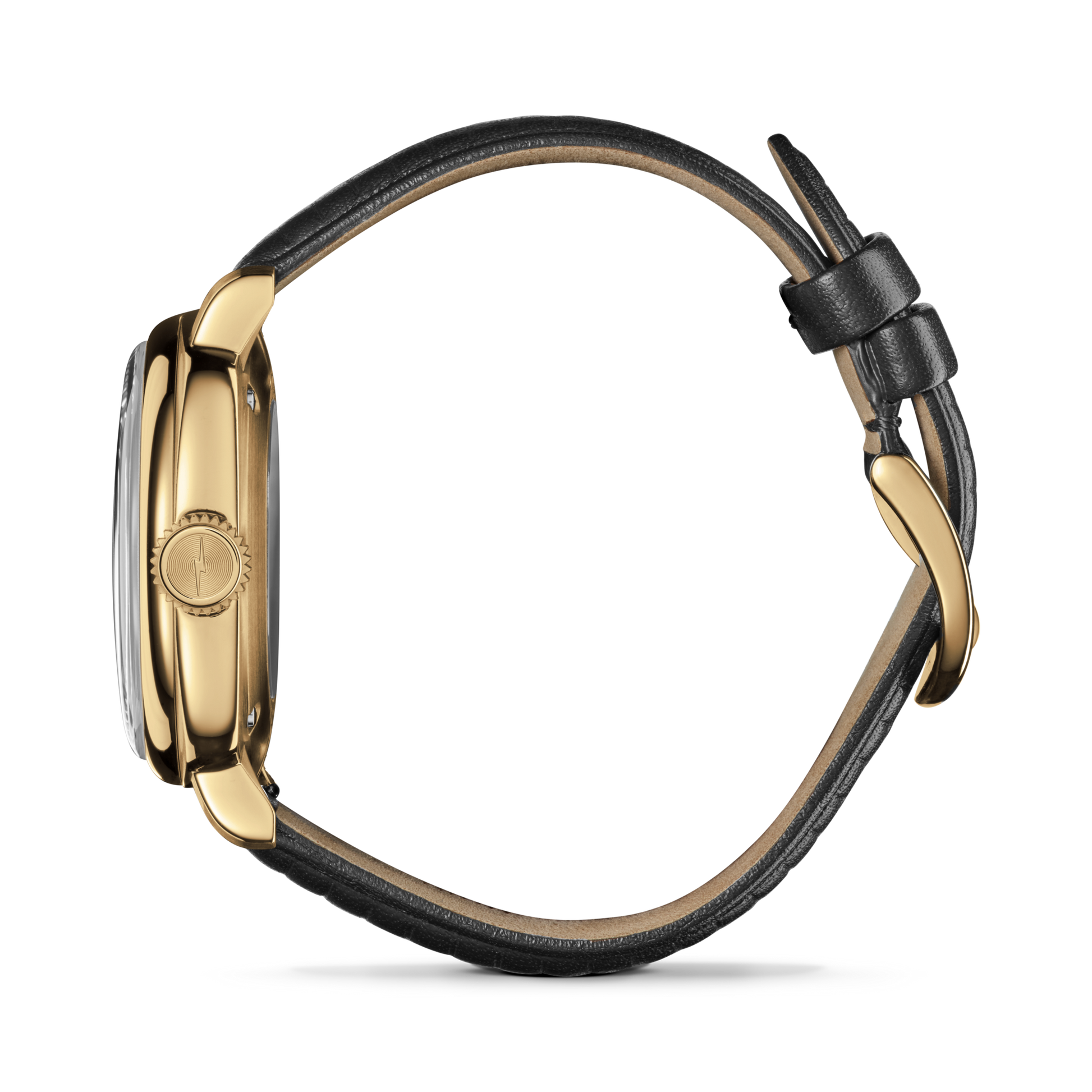 Side view of the Shinola Mechanic Watch - Black/Gold featuring a gold case, black leather strap, and round crown, set against a white background.