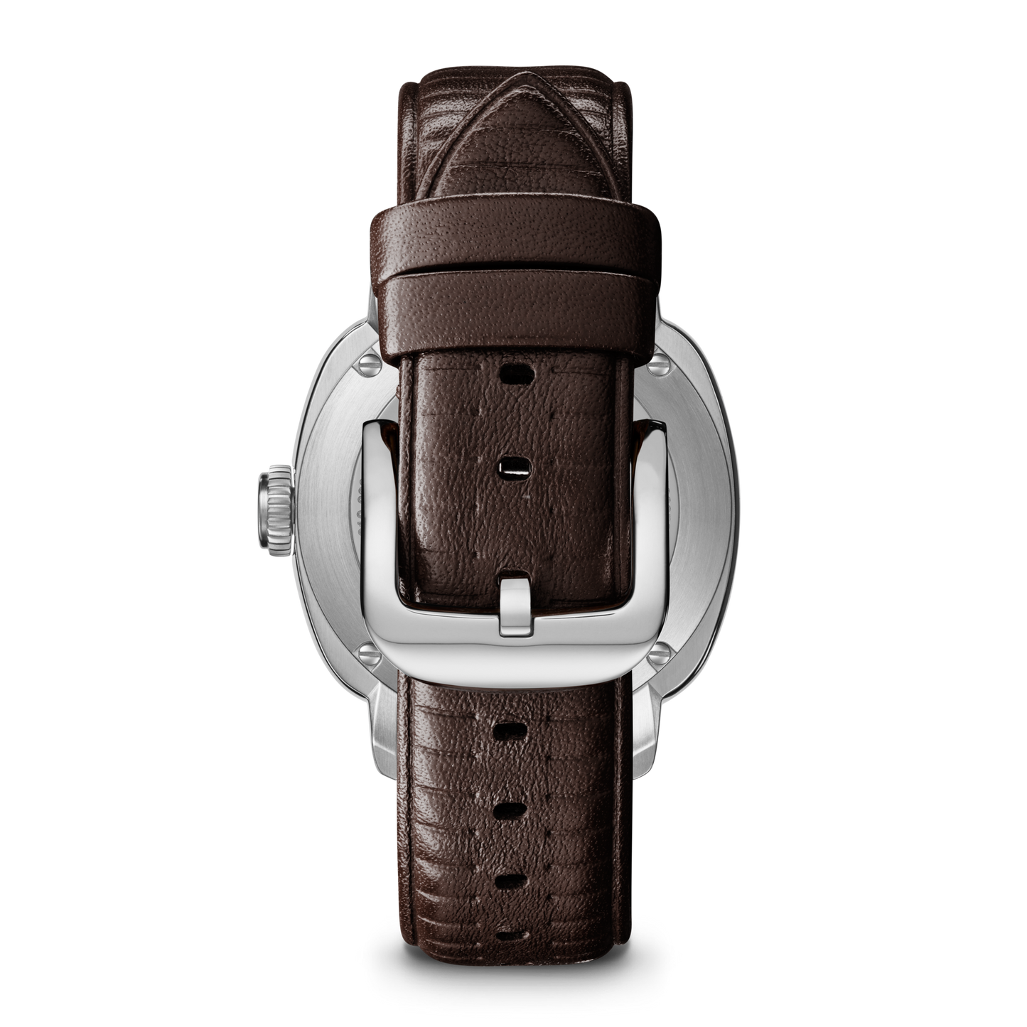 A close-up of the Shinola Mechanic Watch - Alabaster, highlighting its hand-wound movement and exhibition case back, with a brown leather strap and silver buckle, set against a plain white background.