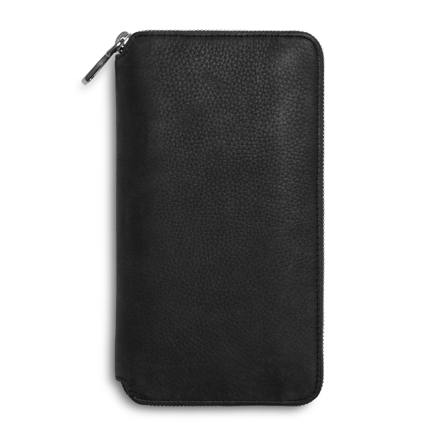 The Shinola Organizer Wallet - Black is displayed upright on a white background. This textured leather wallet with rounded corners is ideal as a passport holder.