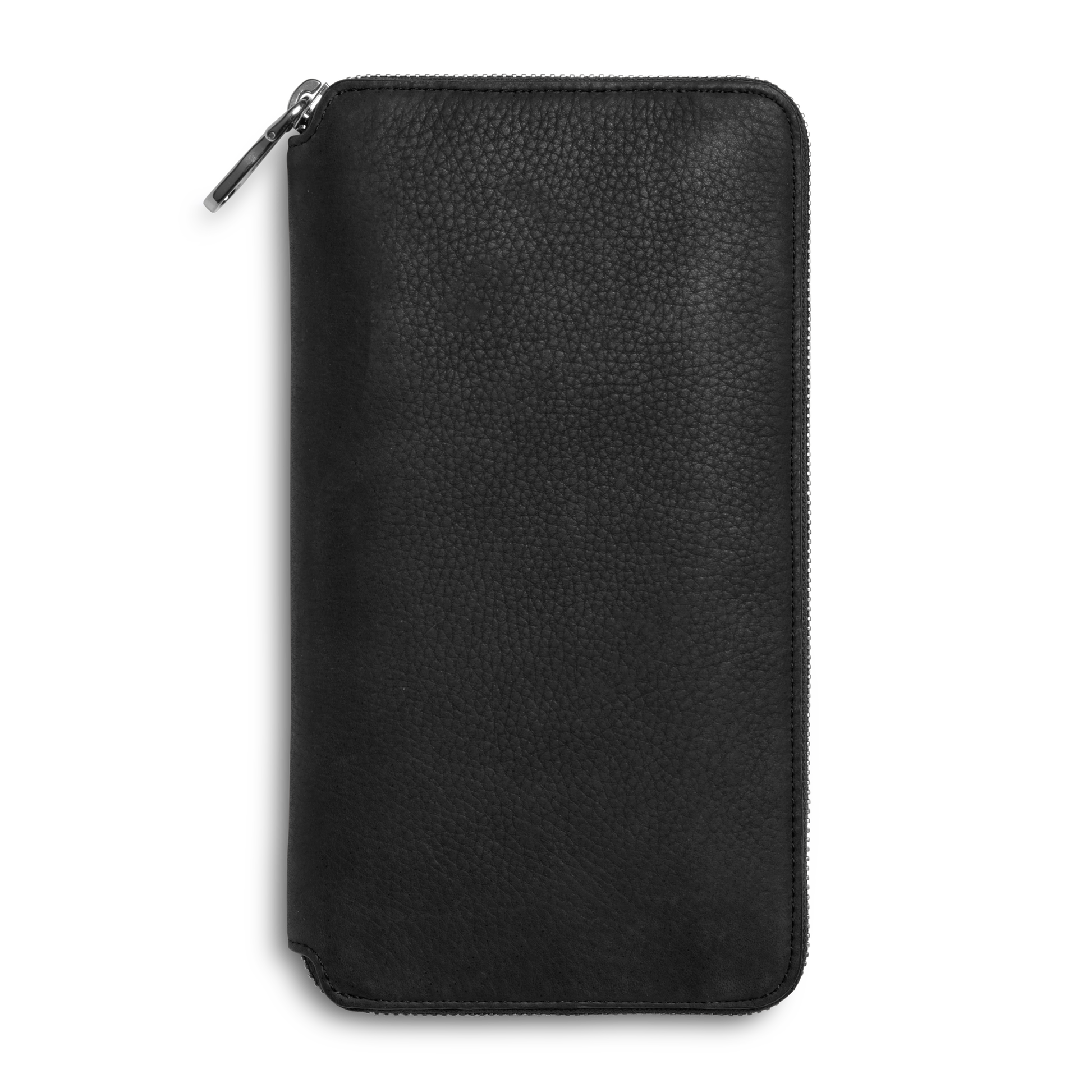 The Shinola Organizer Wallet - Black is displayed upright on a white background. This textured leather wallet with rounded corners is ideal as a passport holder.