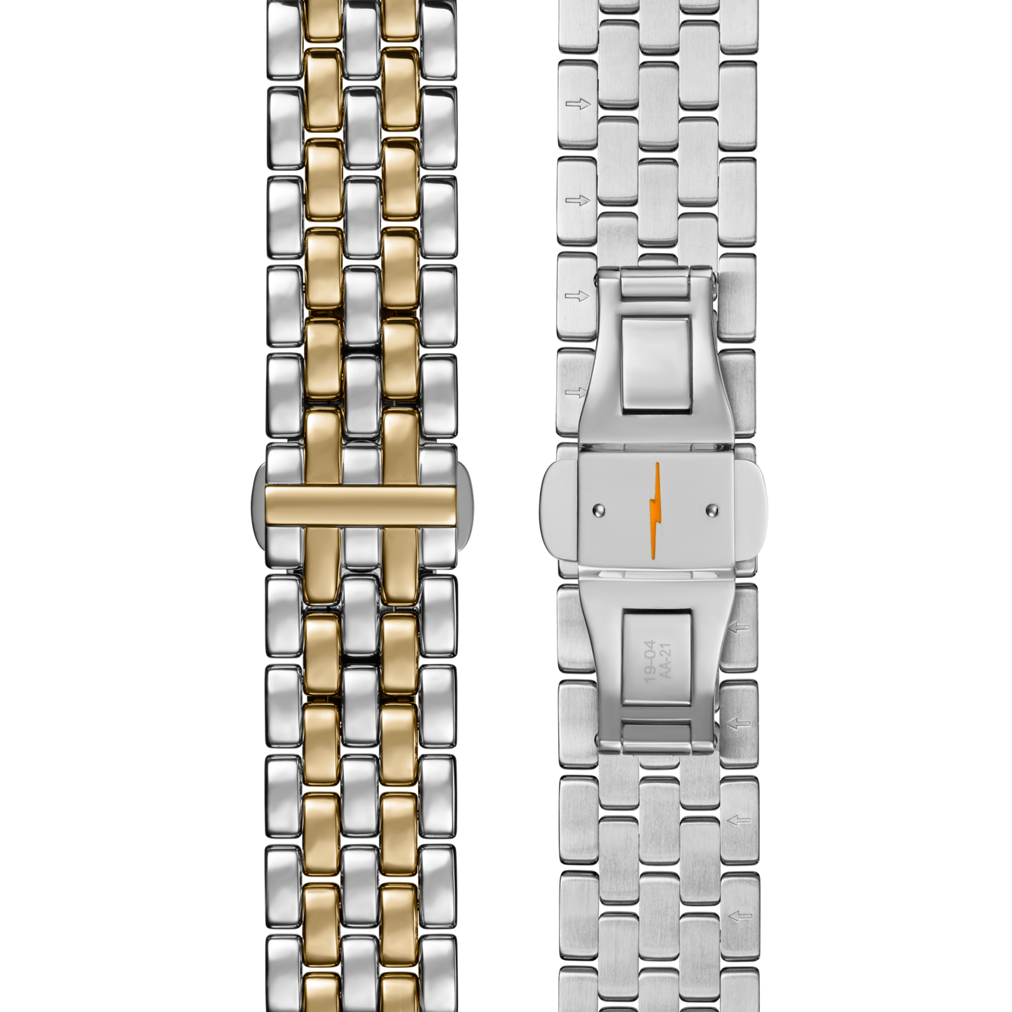 Two Shinola Runwell Watch bands: the left is a two-tone stainless steel bracelet with gold and silver links; the right is fully silver, featuring a clasp with an orange lightning bolt. Both bracelets have rectangular link patterns.