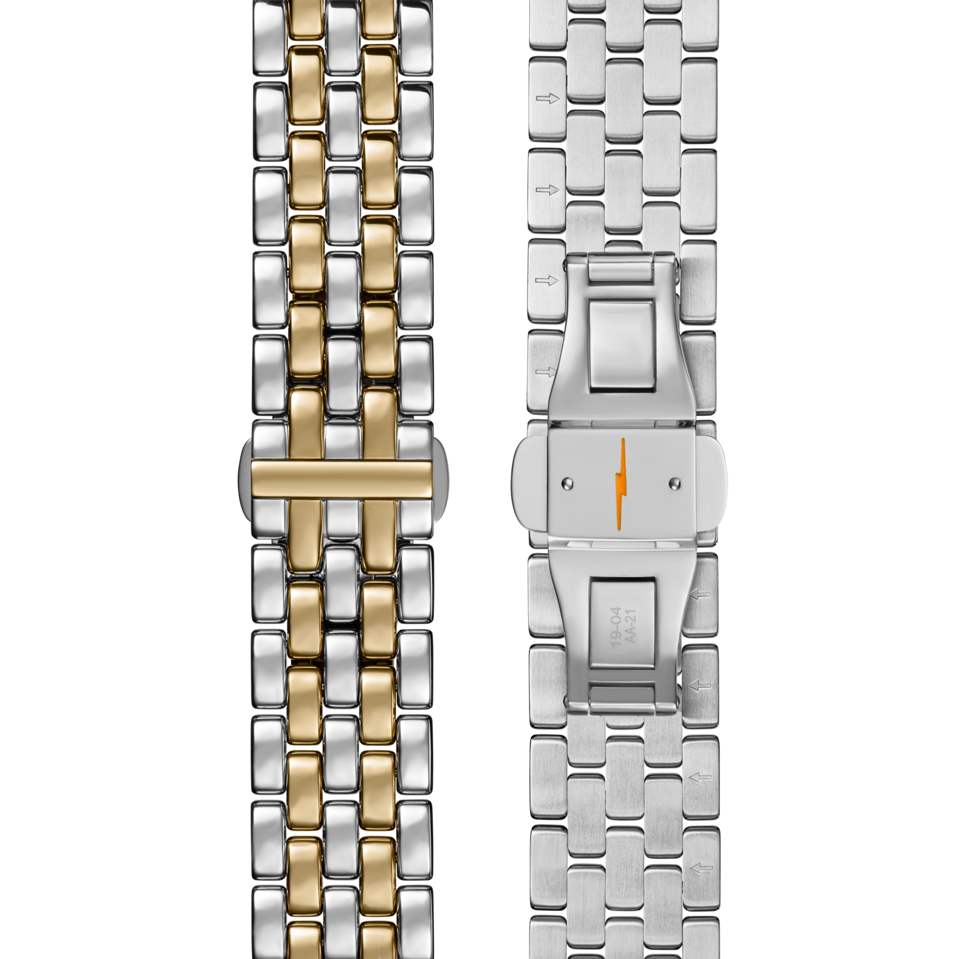 Two Shinola Runwell Watch bands: the left is a two-tone stainless steel bracelet with gold and silver links; the right is fully silver, featuring a clasp with an orange lightning bolt. Both bracelets have rectangular link patterns.