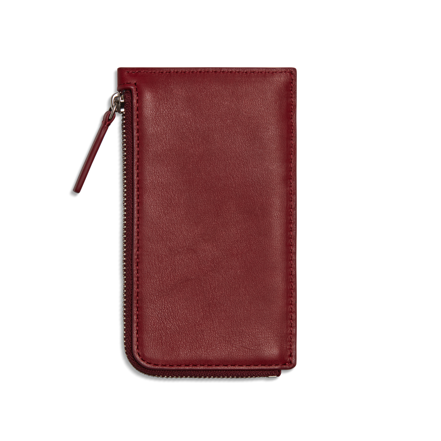 The Shinola Zip Around Card Case - Ruby is a slim, rectangular red Natural Leather wallet with card pockets and a matching zipper pull, shown against a plain white background.
