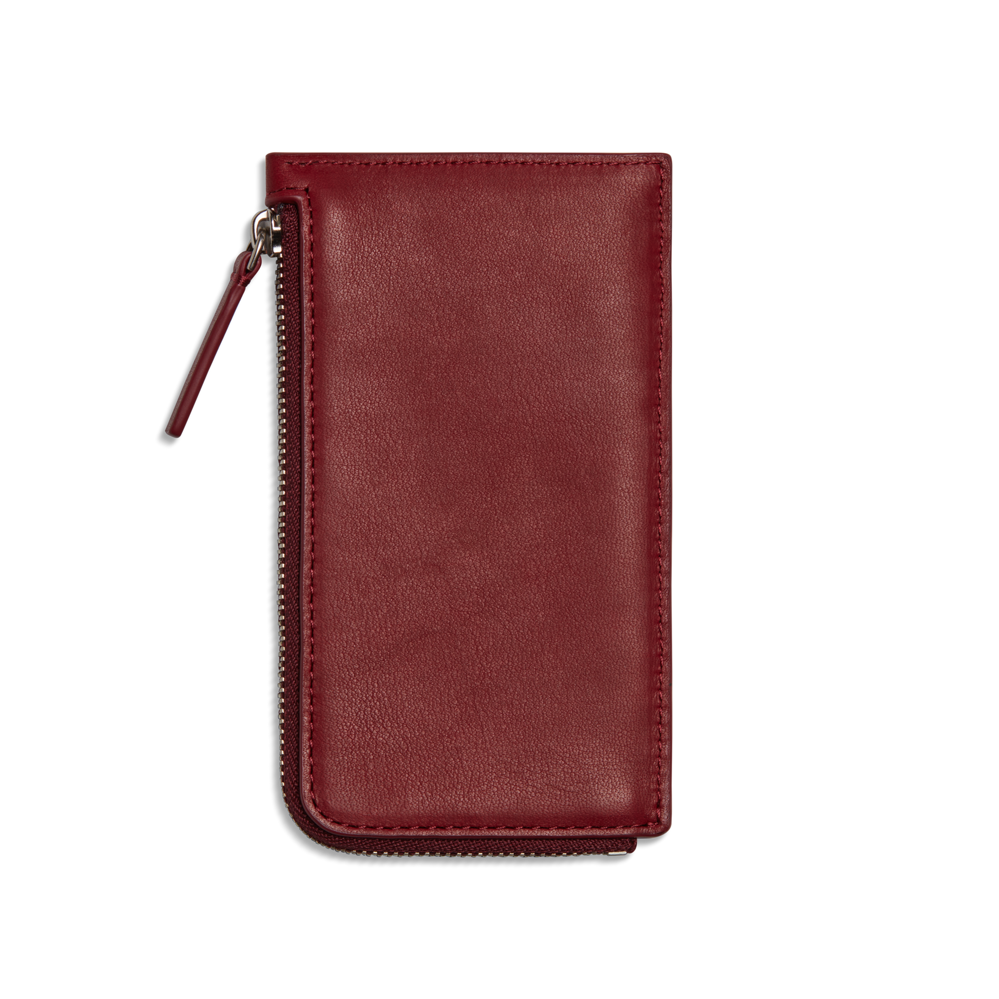 The Shinola Zip Around Card Case - Ruby is a slim, rectangular red Natural Leather wallet with card pockets and a matching zipper pull, shown against a plain white background.