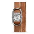 The Shinola Bike Lock Watch features a minimal rectangular silver case and simple white dial, paired with a wide, double-wrapped tan leather strap, shown on a white background.