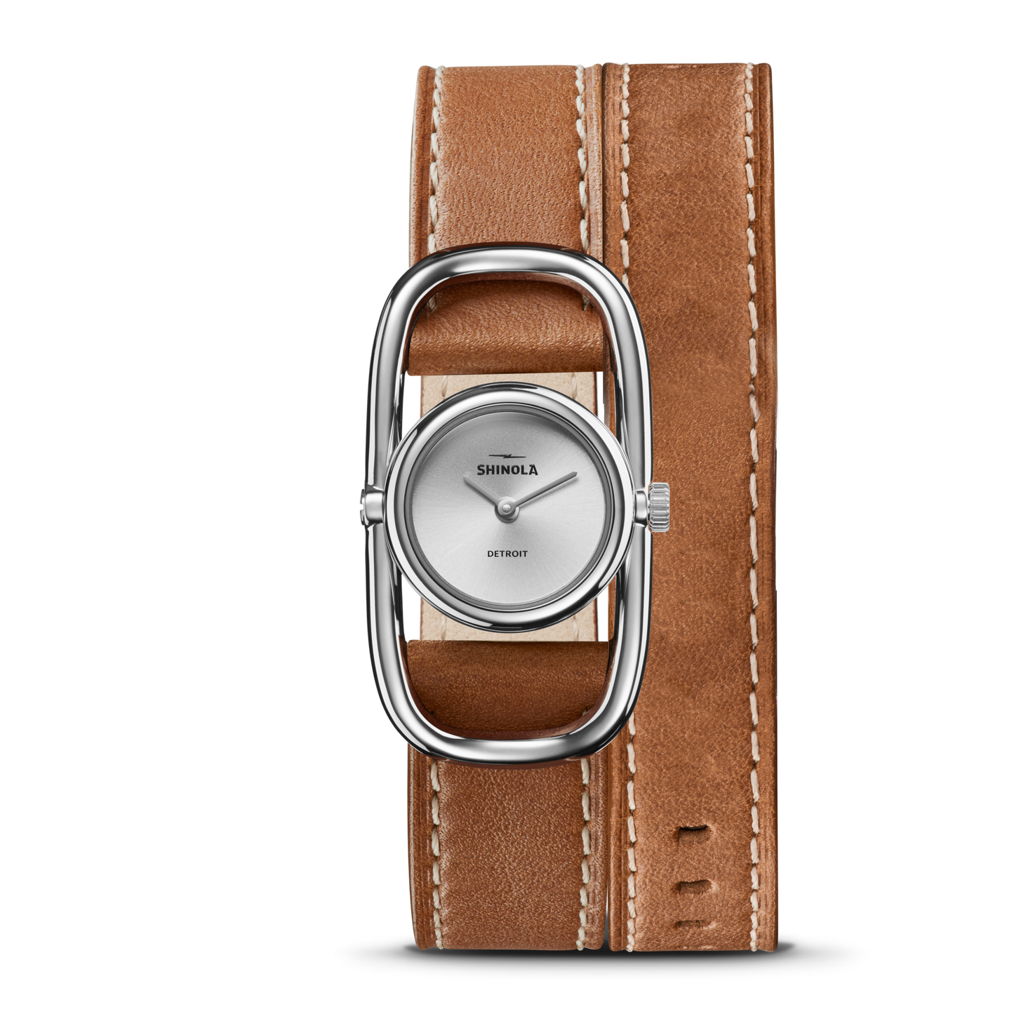 The Shinola Bike Lock Watch features a minimal rectangular silver case and simple white dial, paired with a wide, double-wrapped tan leather strap, shown on a white background.