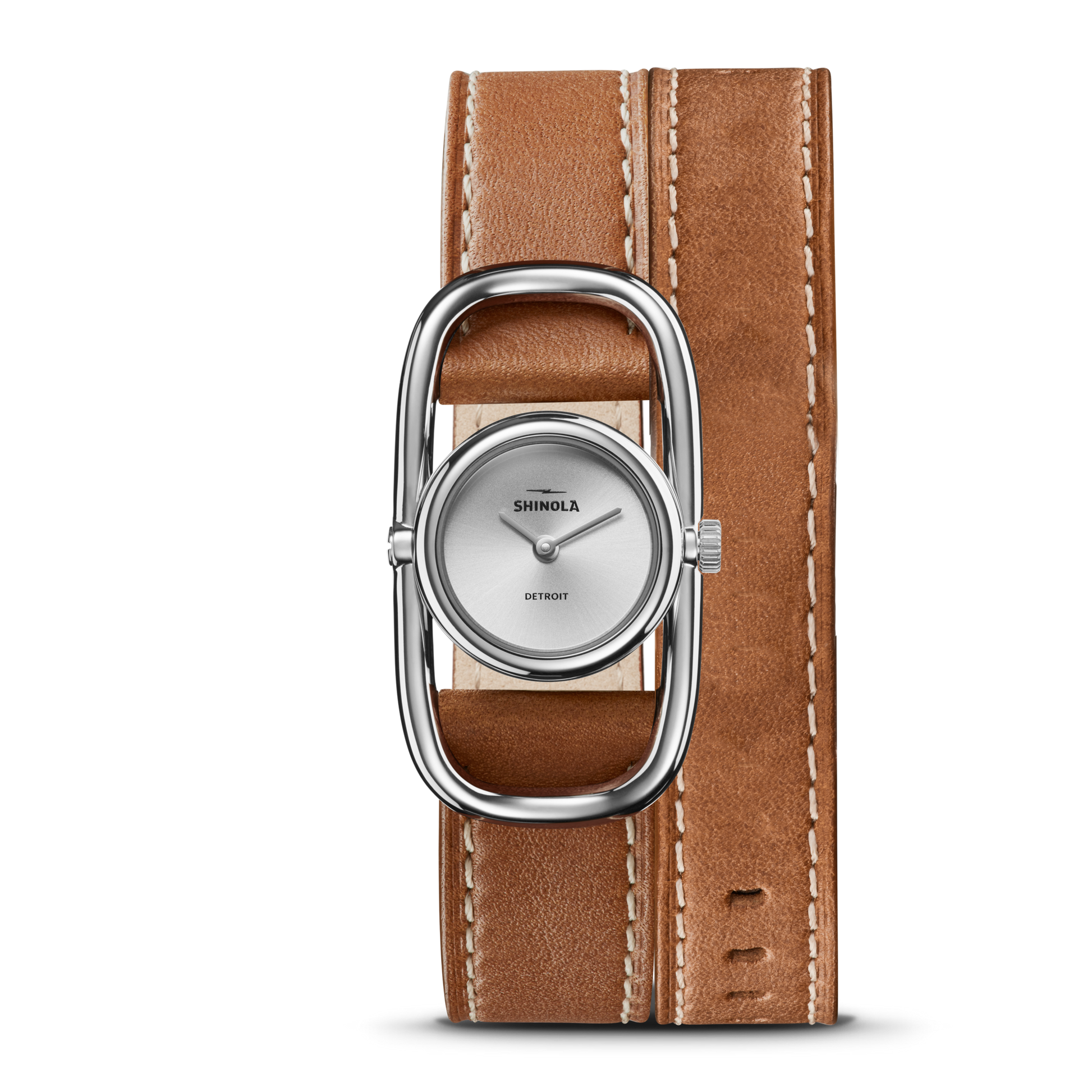 The Shinola Bike Lock Watch features a minimal rectangular silver case and simple white dial, paired with a wide, double-wrapped tan leather strap, shown on a white background.