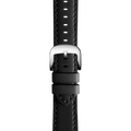 Close-up of the Shinola 20mm Black Leather Watch Strap featuring visible stitching and a silver buckle, set against a plain white background.