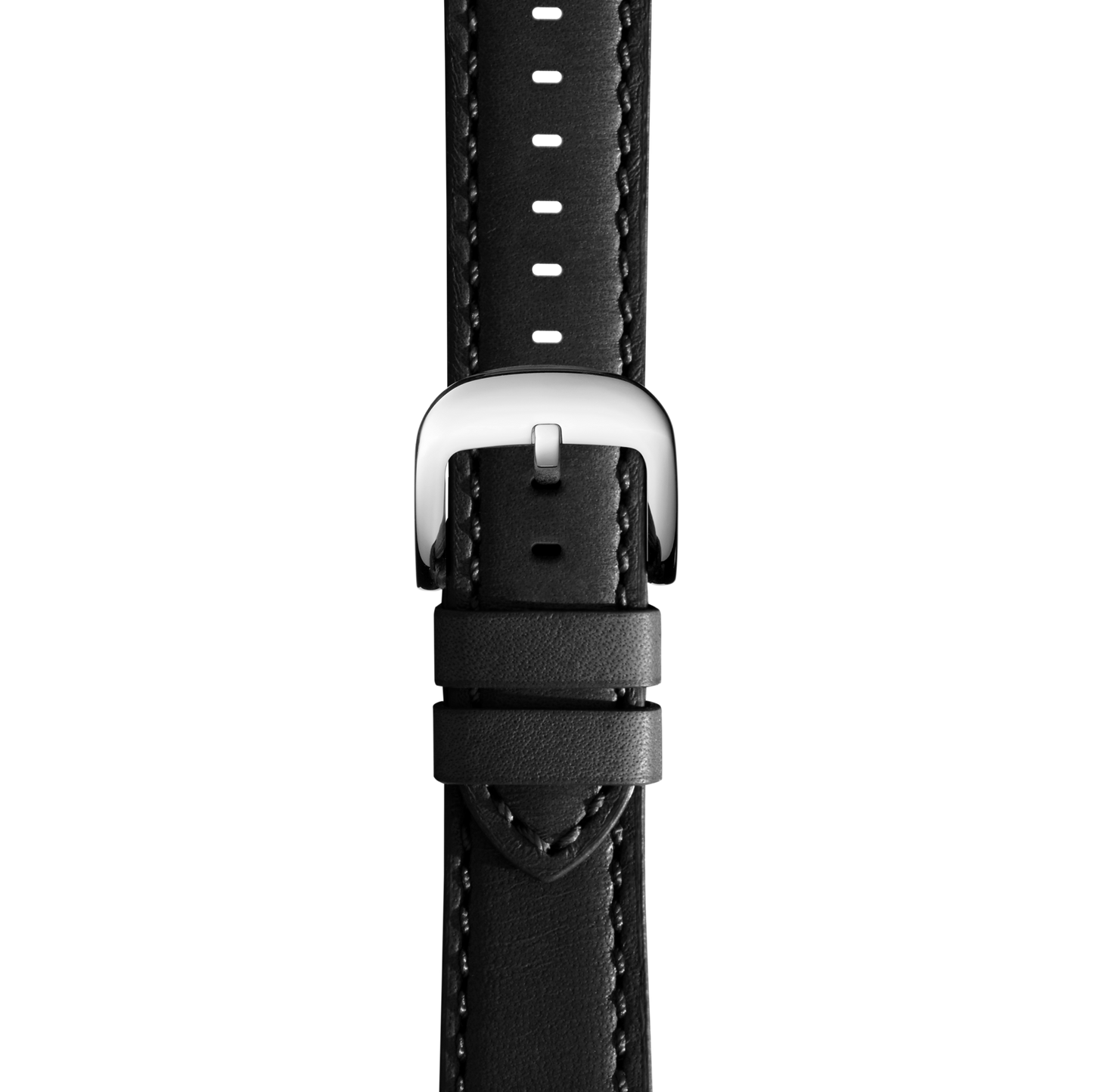 A close-up of the Shinola 22mm Black Leather Watch Strap, featuring black premium leather with white hand-sewn stitching, a silver buckle, and two loops, set against a plain white background.