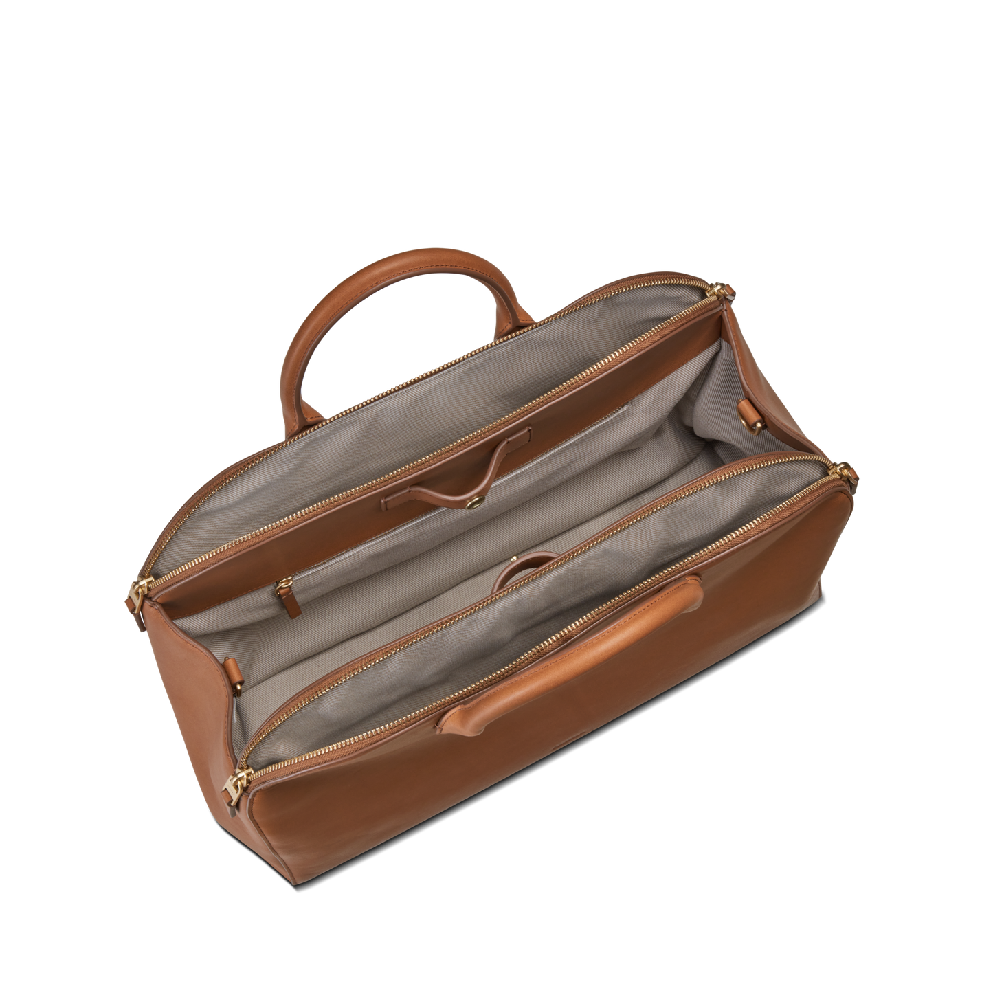 The Shinola Bixby Work Satchel - Tan, made from natural leather with a tan lining, is displayed open on a white surface, showcasing multiple interior compartments and gold zippers.