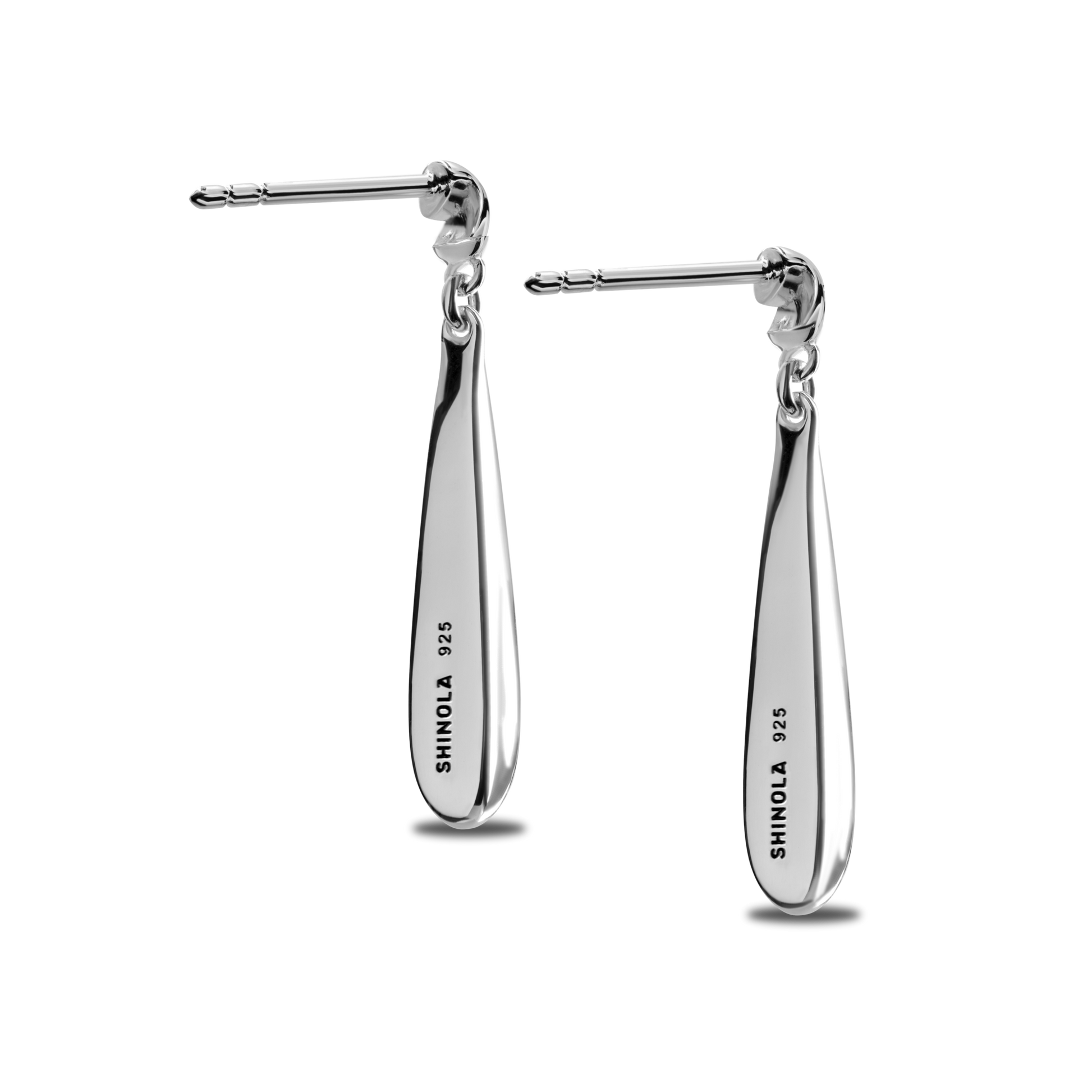 Shinola Elongated Teardrop Earrings in sterling silver feature a polished finish, stud posts for pierced ears, and are engraved with SHINOLA 925 on the front.
