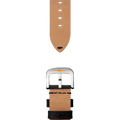 The Shinola 24mm Black Leather Watch Strap features black leather, black edges, a silver buckle with a lightning bolt logo, and complements the Guardian collection. Shown on a white background.