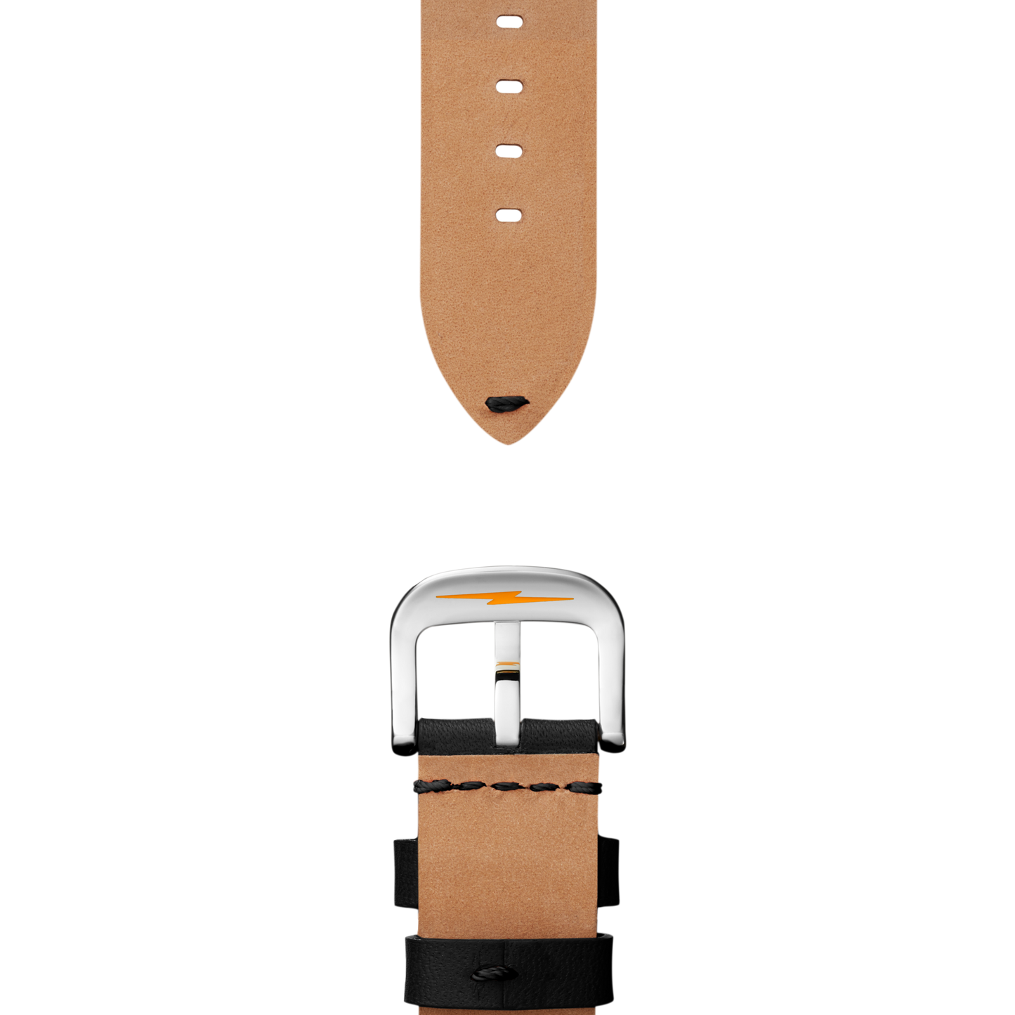 The Shinola 24mm Black Leather Watch Strap features black leather, black edges, a silver buckle with a lightning bolt logo, and complements the Guardian collection. Shown on a white background.