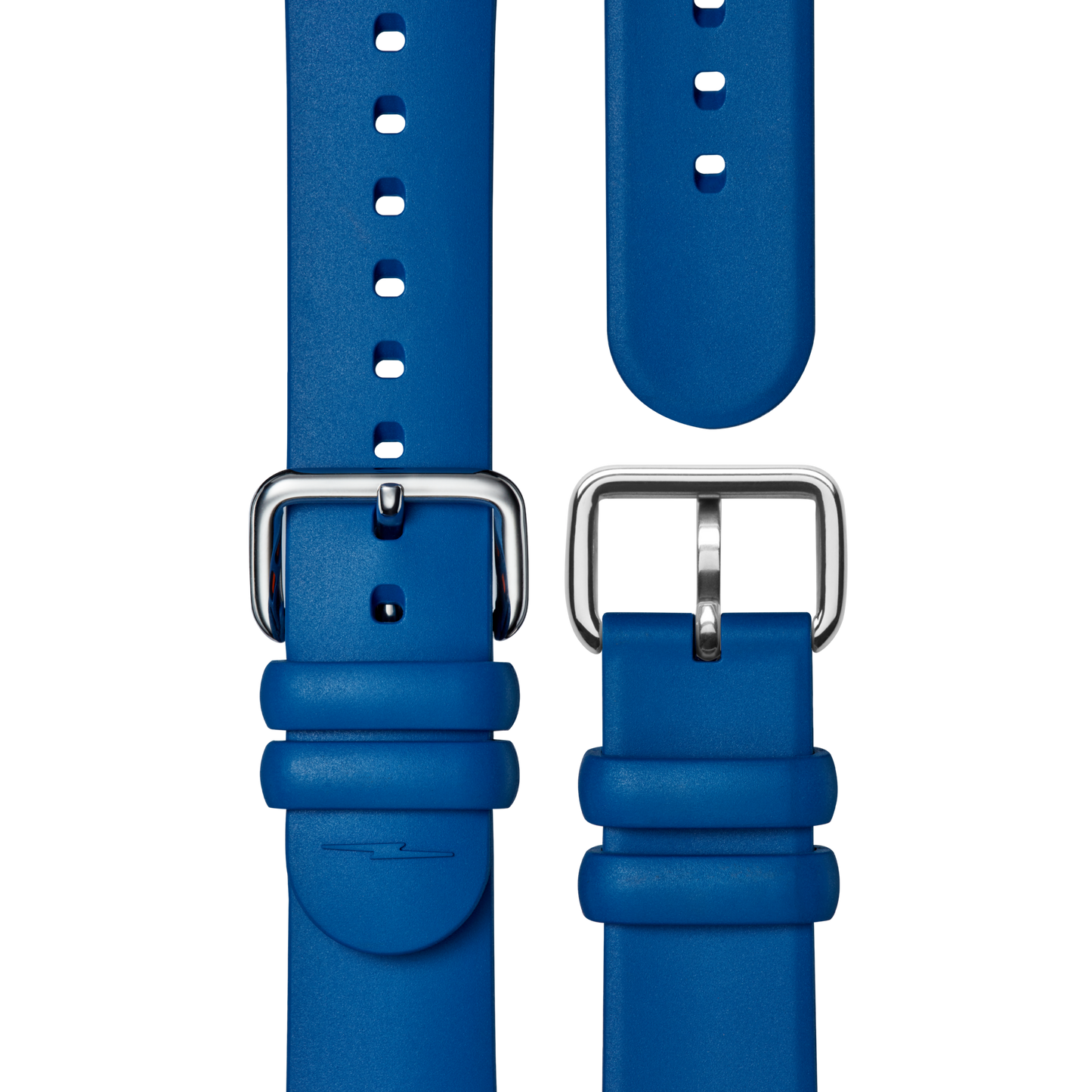Two Shinola 20mm Rubber Straps in Blue Dash Loop are displayed on a white background. One is longer with multiple holes, the other shorter featuring a stitched logo near the end; both have silver buckles.