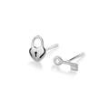 The Shinola Petite Heart and Lock Earrings are crafted from .925 sterling silver, featuring one heart-shaped padlock and one key stud, shown against a white background.