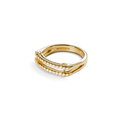The Shinola Diamond Pave Rivet Double Row Ring in 14k yellow gold features two parallel rows of small round diamonds and a sleek, modern design. The inside band is engraved with SHINOLA 14K. Set against a plain white background.