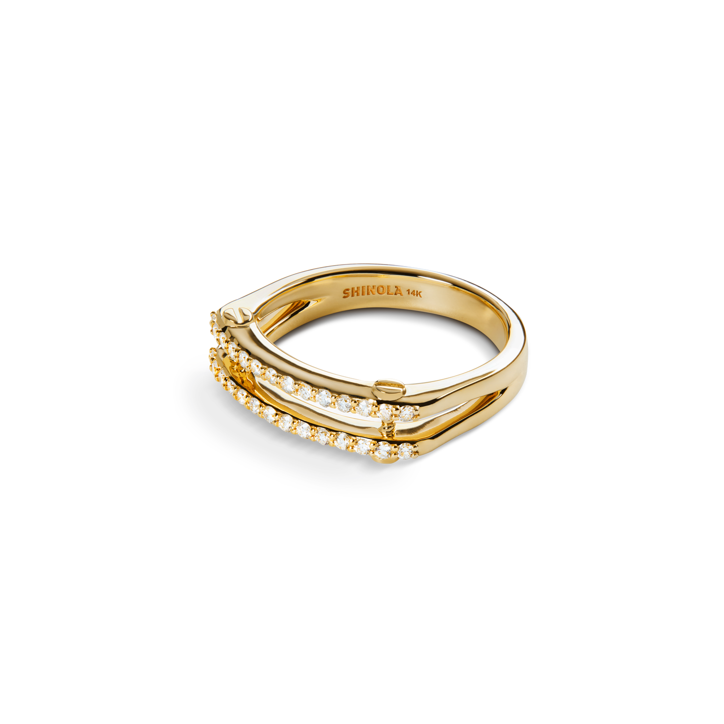 The Shinola Diamond Pave Rivet Double Row Ring in 14k yellow gold features two parallel rows of small round diamonds and a sleek, modern design. The inside band is engraved with SHINOLA 14K. Set against a plain white background.