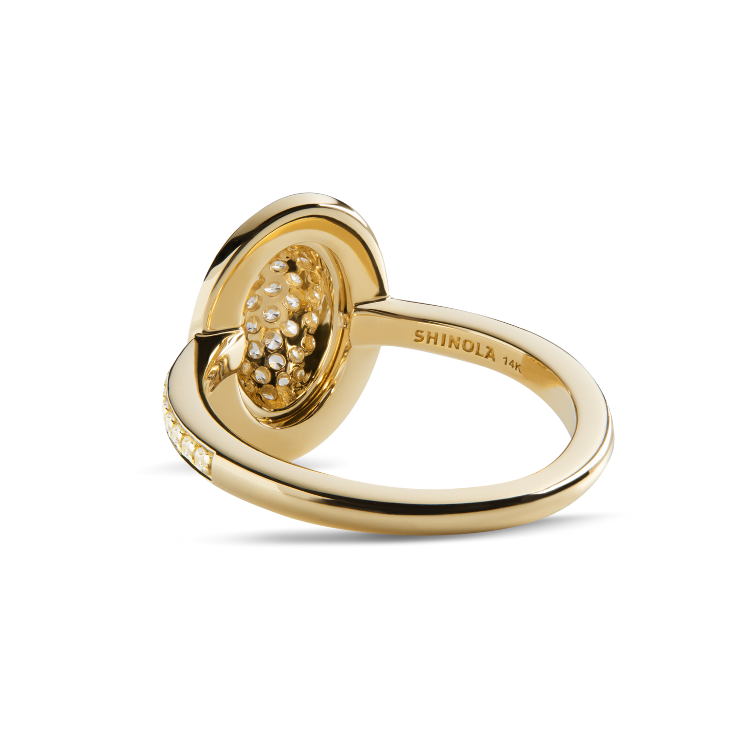 The Shinola Diamond Pave Oval Ring - Yellow Gold features a round cluster of natural diamonds atop a 14k gold band engraved with SHINOLA 14K, shown against a plain white background.