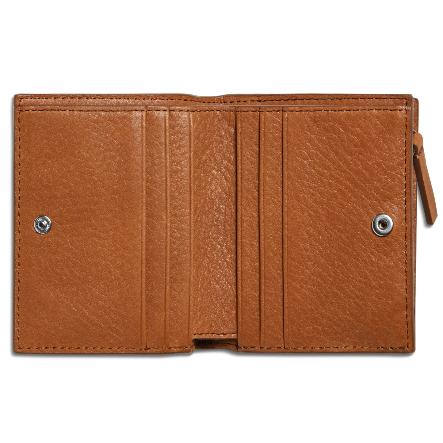 The Shinola Coin Bifold - Tan is a slim wallet crafted from natural grain leather with a textured surface. When open, it reveals card slots, a right-side zip coin pocket, and metallic snap closures on both sides.
