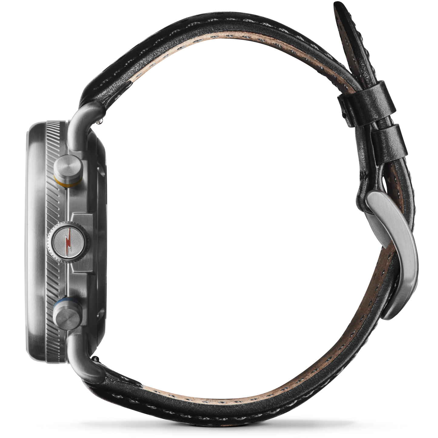 Side profile of the Shinola Canfield Speedway Open Road Automatic Chronograph Watch - Black, featuring a round metal case, two buttons, and a black leather strap with visible stitching and buckle clasp. Watch face is not visible.