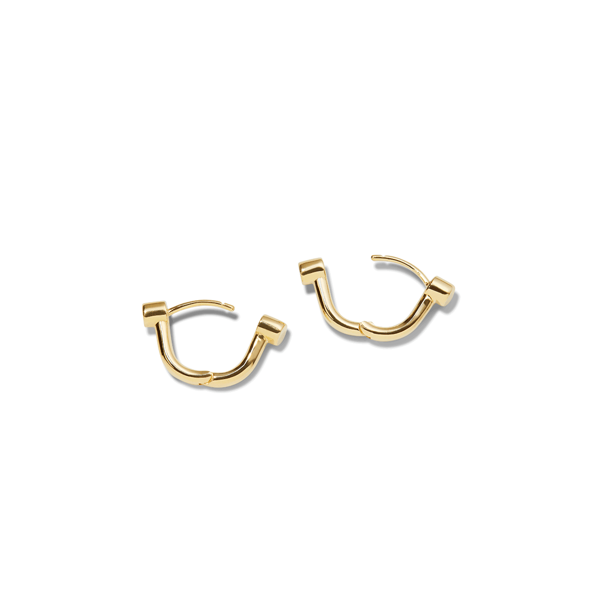 The Shinola Diamond Bike Lock Huggie Earrings in yellow gold feature a unique curved design with hinged clasps, shown on a plain white background.