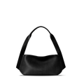 The Shinola Small Derby Shoulder Bag in black natural leather features a curved, structured shape and wide strap—ideal for day to night. Shown against a plain white background.