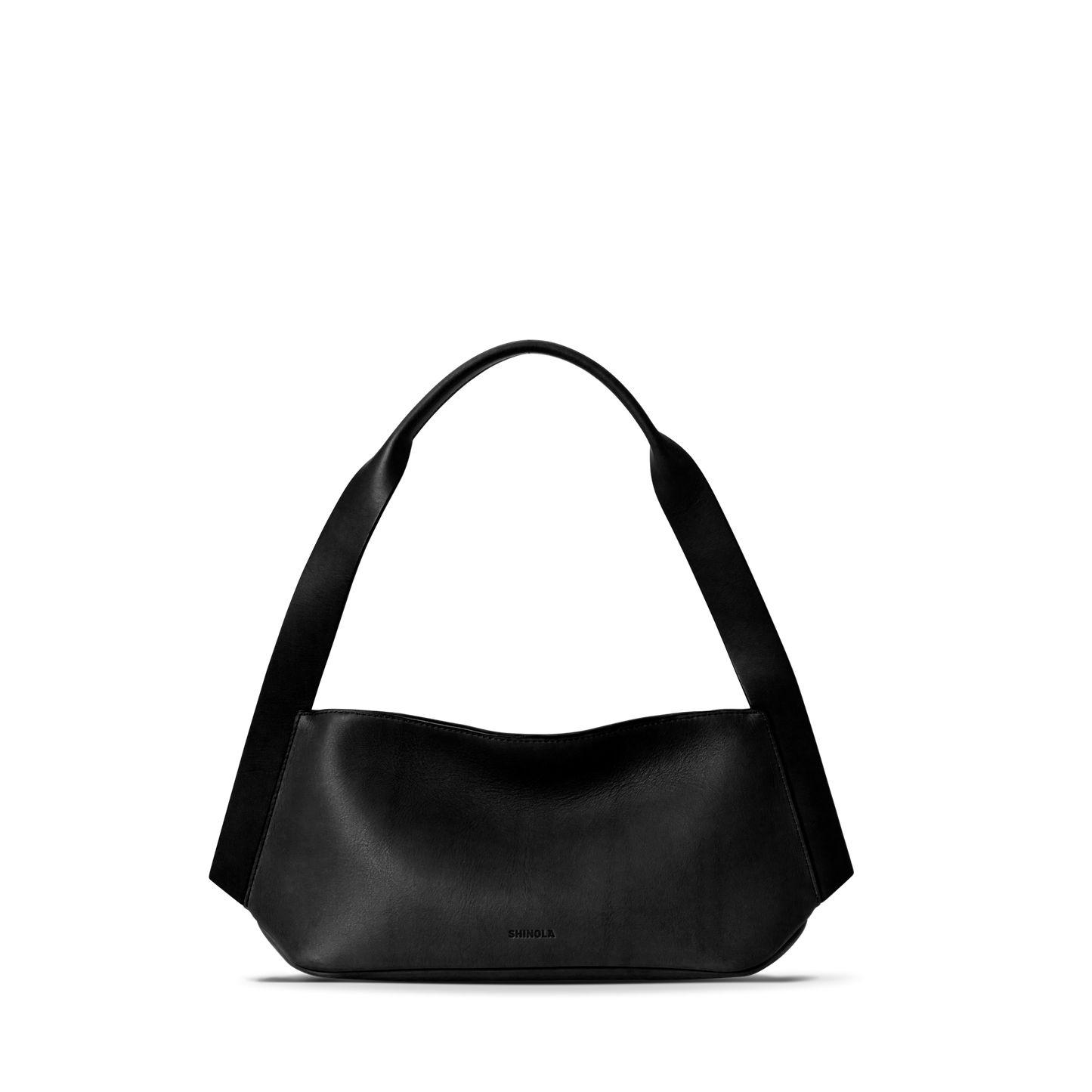 The Shinola Small Derby Shoulder Bag in black natural leather features a curved, structured shape and wide strap—ideal for day to night. Shown against a plain white background.