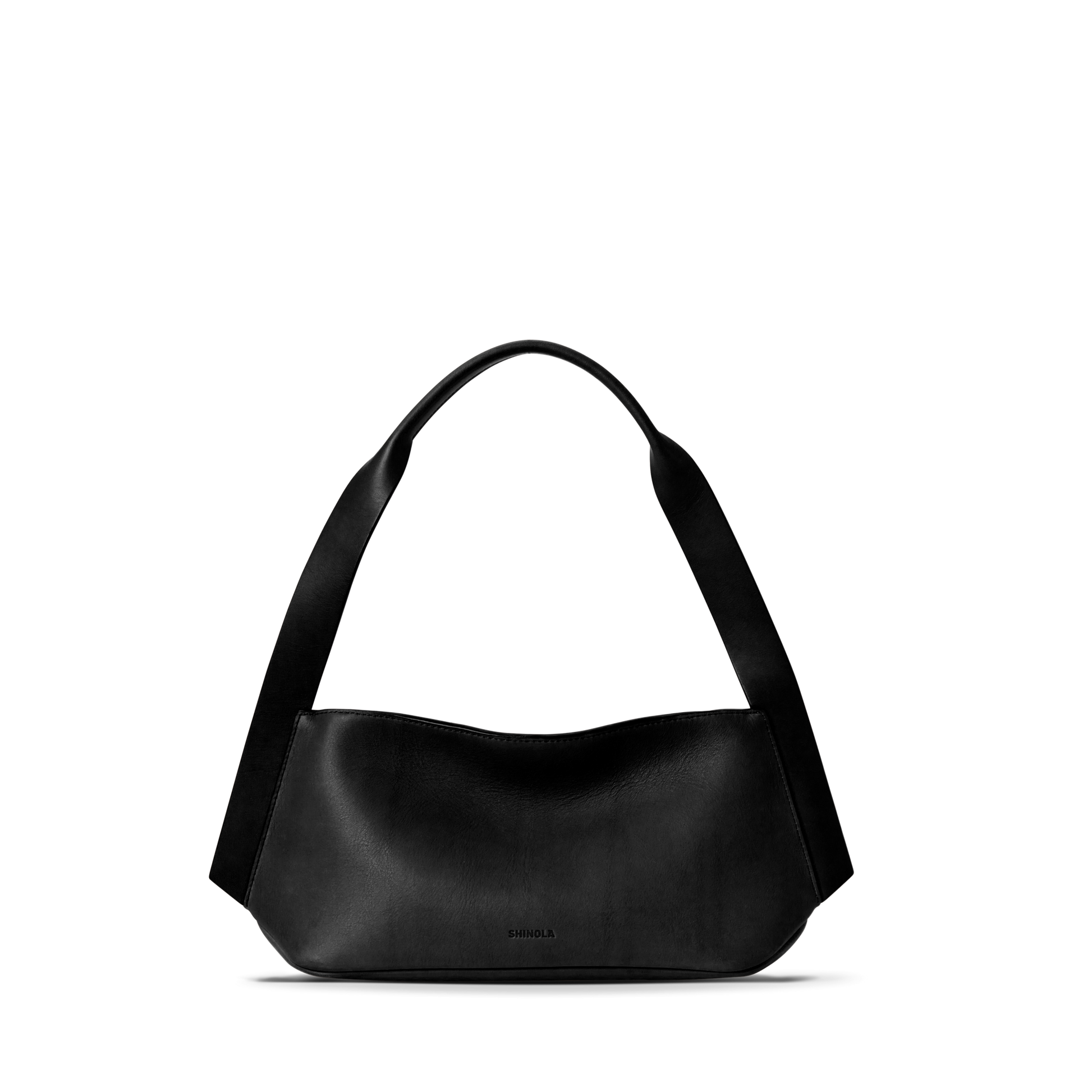 The Shinola Small Derby Shoulder Bag in black natural leather features a curved, structured shape and wide strap—ideal for day to night. Shown against a plain white background.