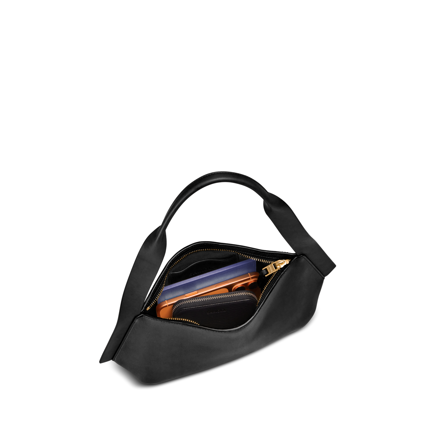 The Shinola Small Derby Shoulder Bag in black natural leather features a gold zipper and opens to show a brown wallet, black pouch, and smartphone inside, all set against a plain white background.