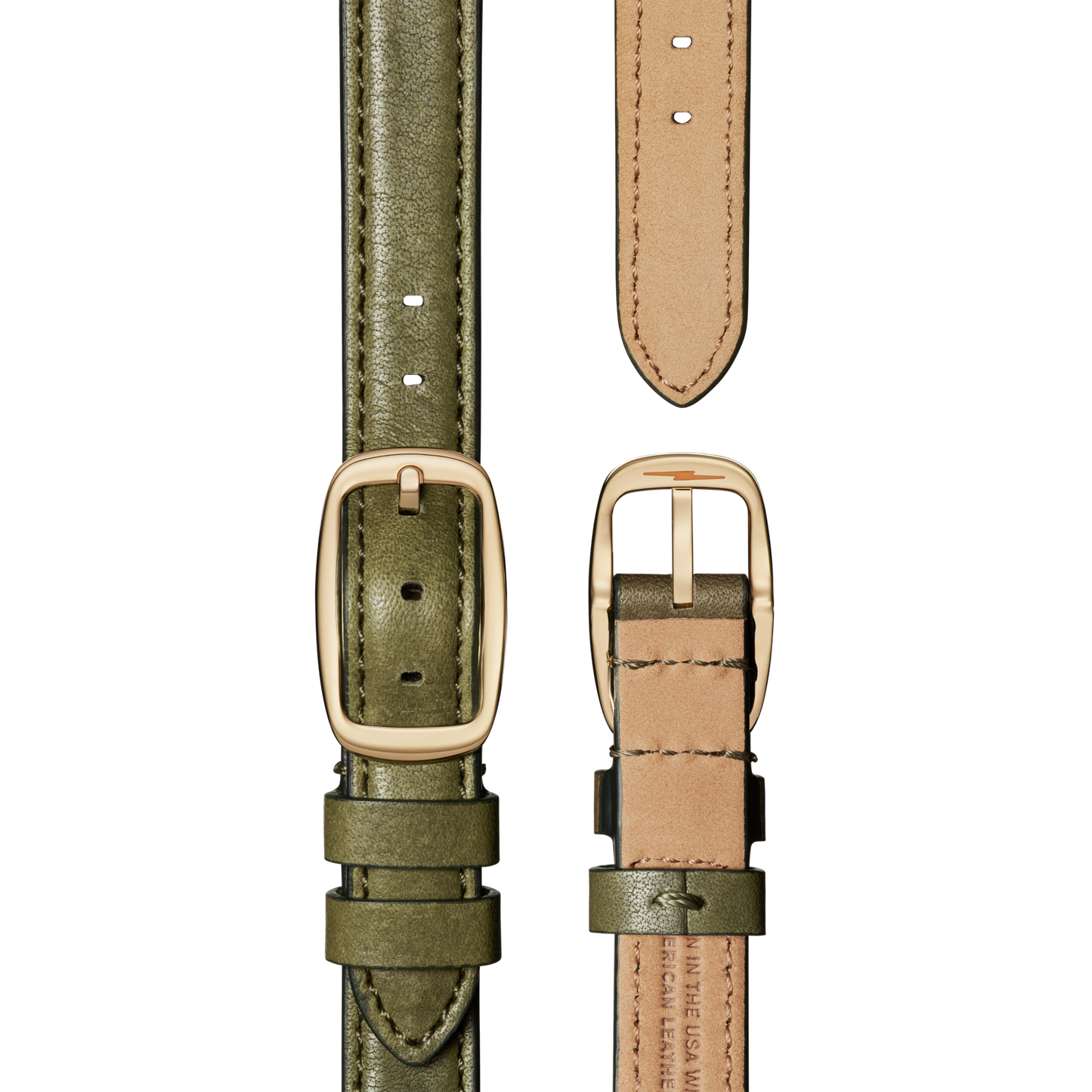 Two Shinola QR Strap: 14/14 Smooth Essex, Drop Loop VSQ, PoPRG - Spruce watch straps are shown on a white background; one displays the stitched olive green leather front with gold buckle, the other shows the tan leather back.