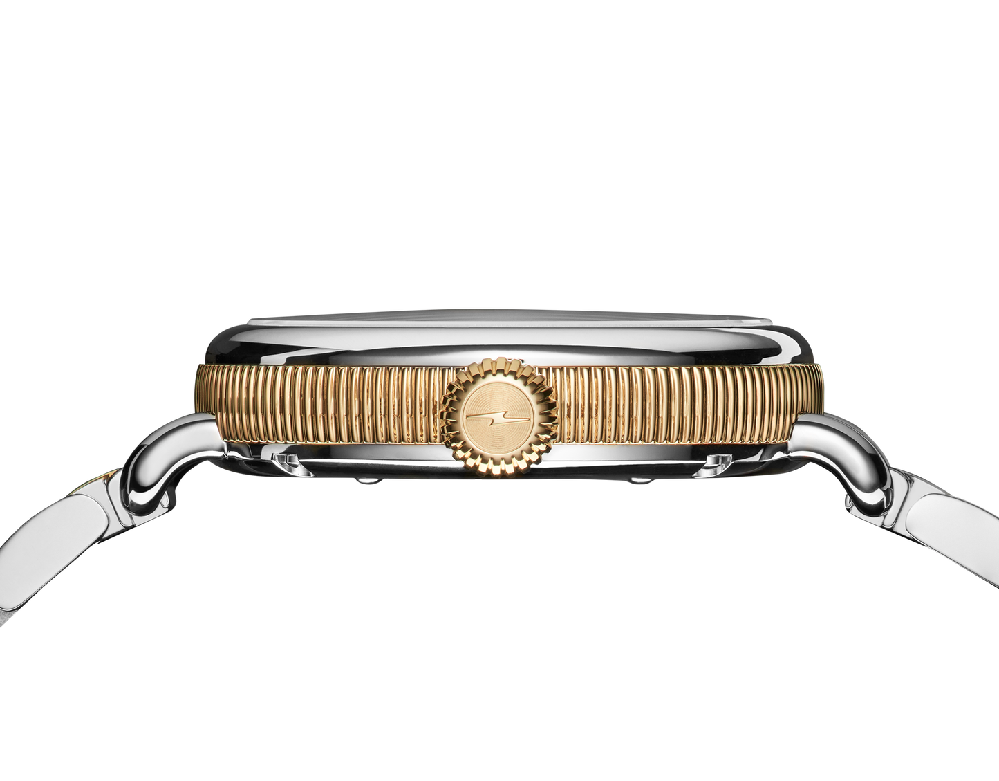 Side view of the Shinola Birdy Watch - Petoskey, Detroit-assembled, featuring a gold ridged bezel, gold logo crown, and two-tone silver and gold band and lugs, shown on a plain white background.