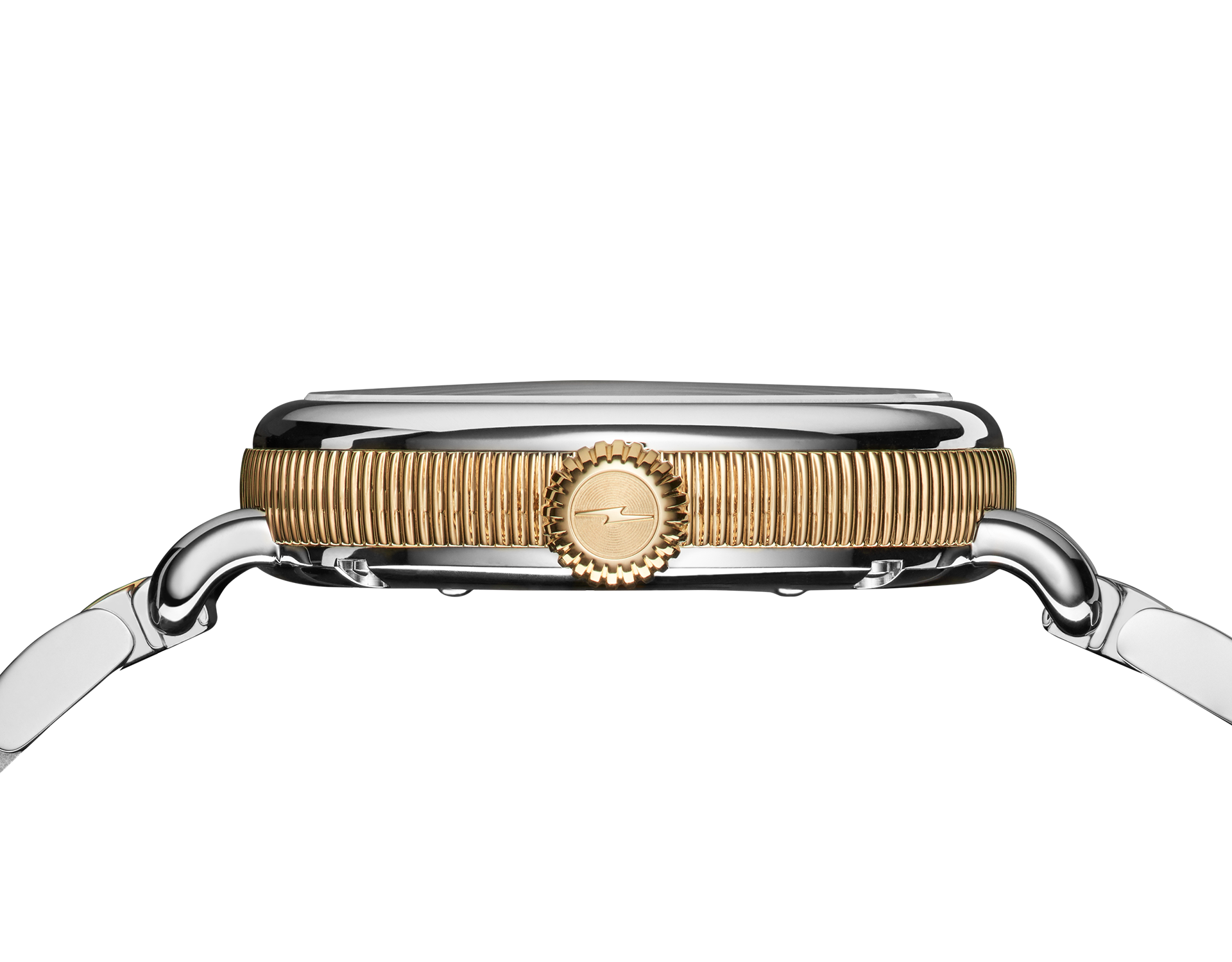 Side view of the Shinola Birdy Watch - Petoskey, Detroit-assembled, featuring a gold ridged bezel, gold logo crown, and two-tone silver and gold band and lugs, shown on a plain white background.