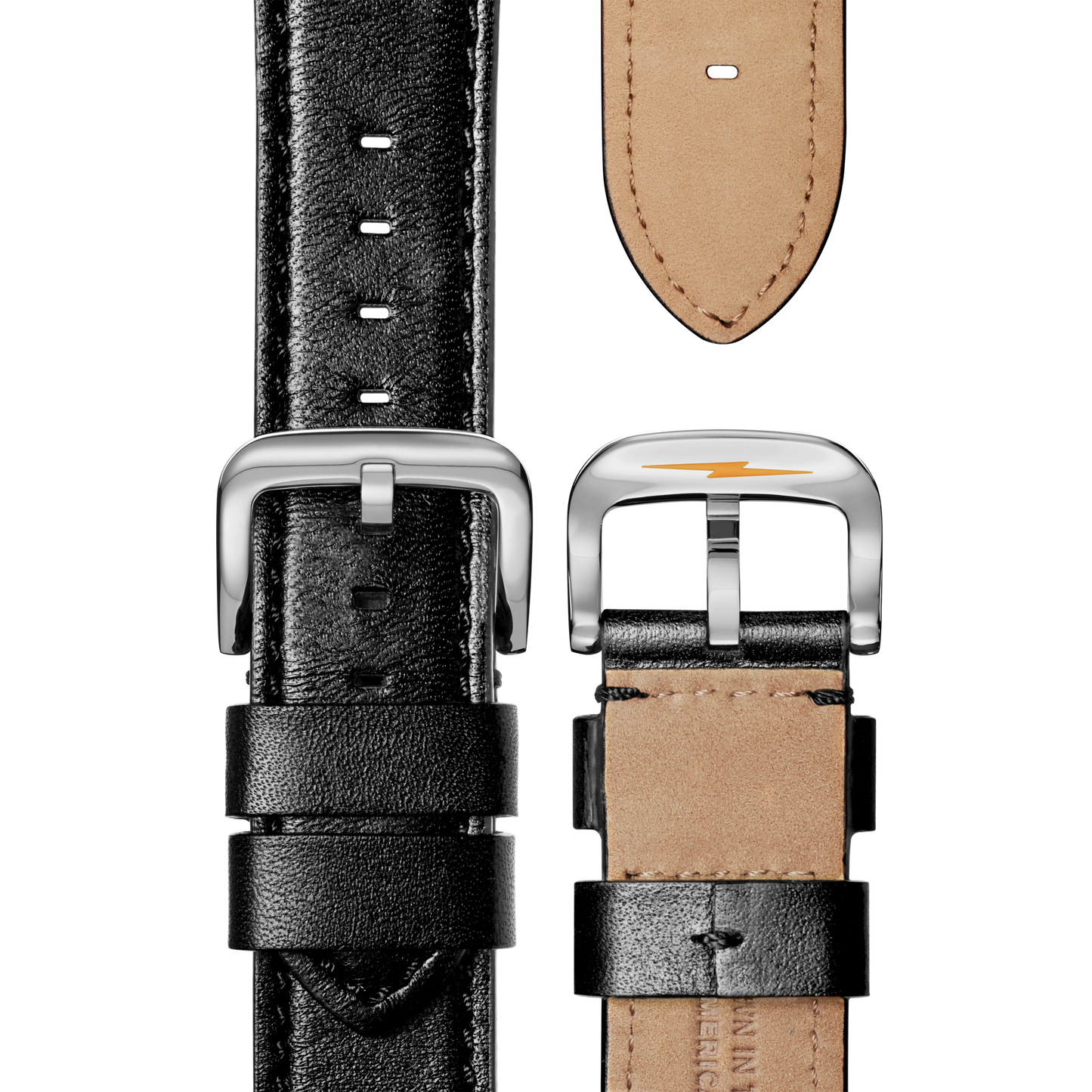 Close-up of the Shinola 24mm Black Leather Watch Strap (24\22), showing both black front and tan stitched back sides. The silver buckle features a small orange logo.